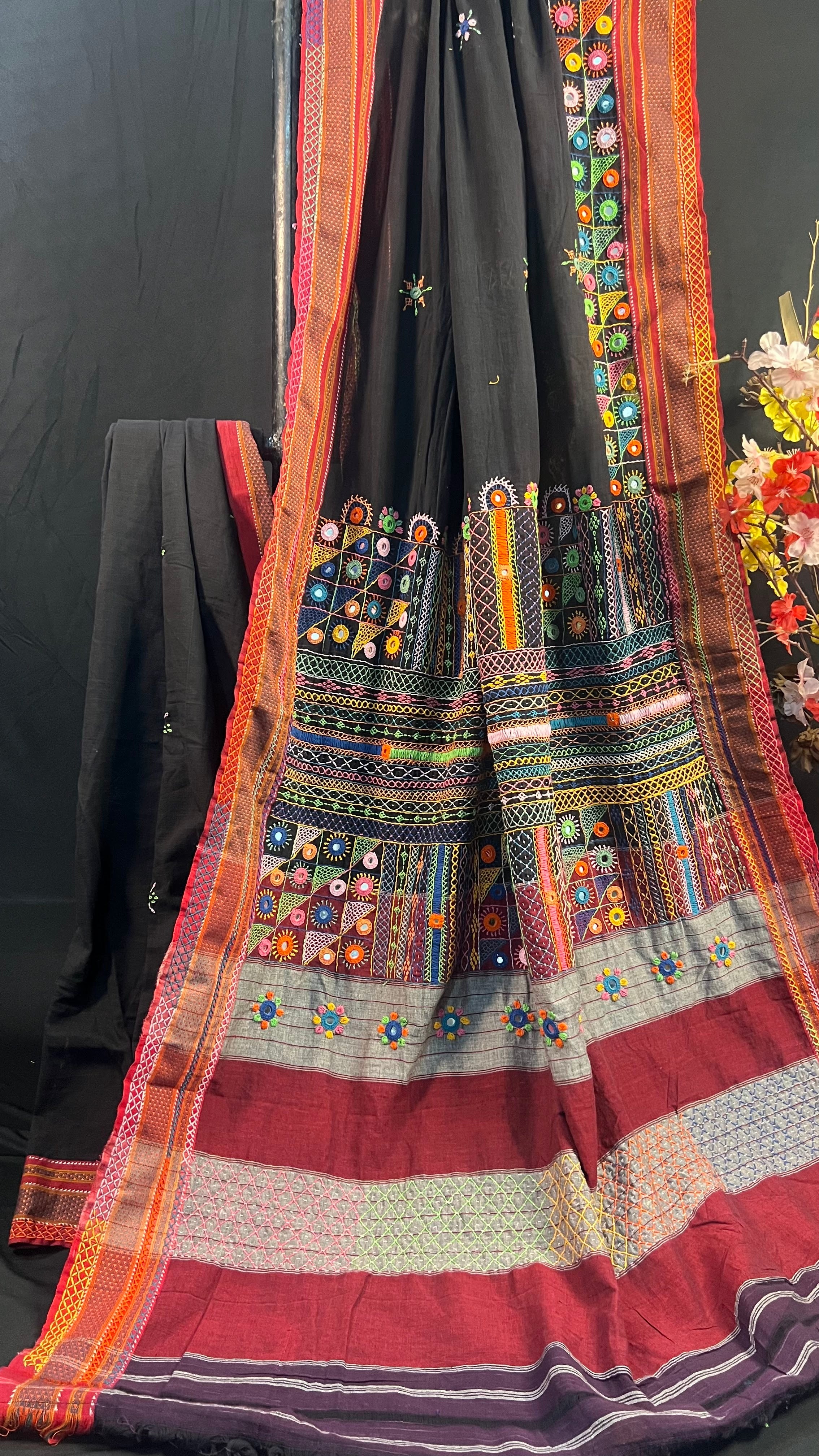 Black with Multicolor Hand Embroidered Pallu Ilkal Cotton Lambani Saree