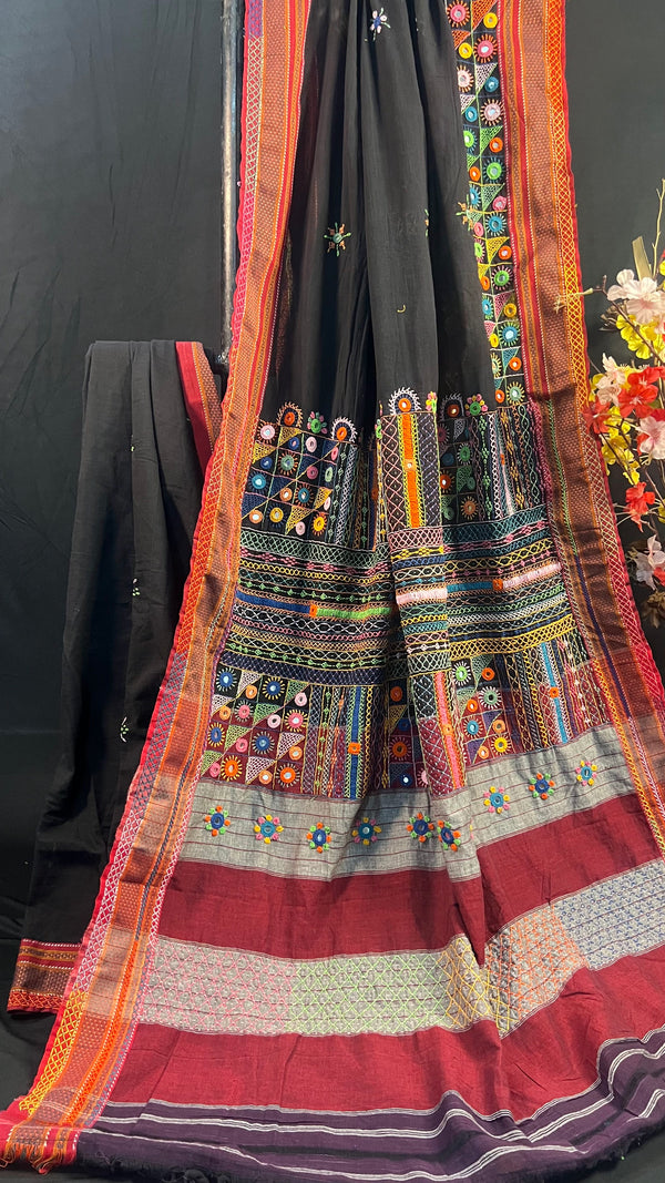 Black with Multicolor Hand Embroidered Pallu Ilkal Cotton Lambani Saree