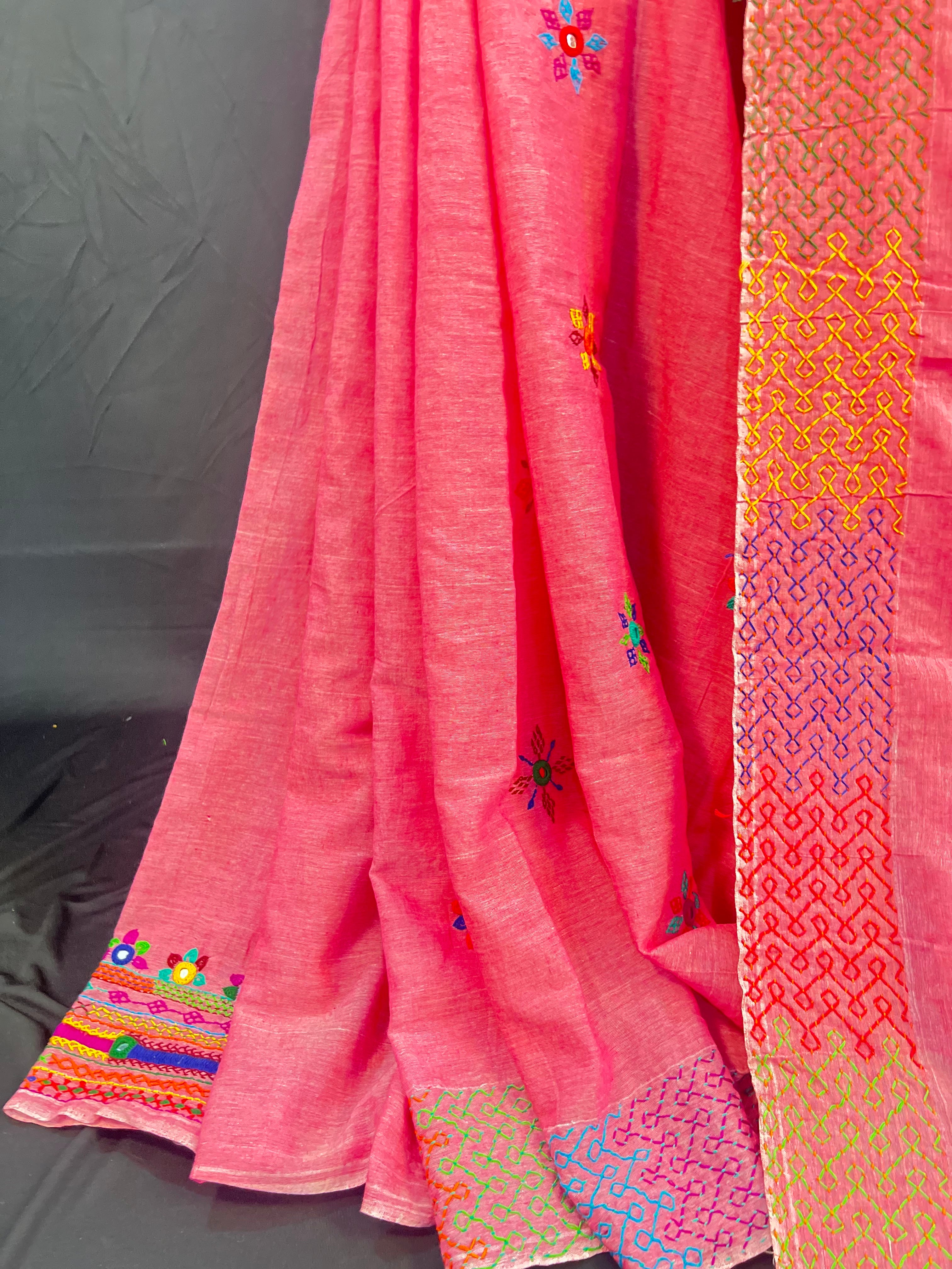 Blush Pink Lambani Embroidered Soft Cotton Saree with Multicolor Tassels