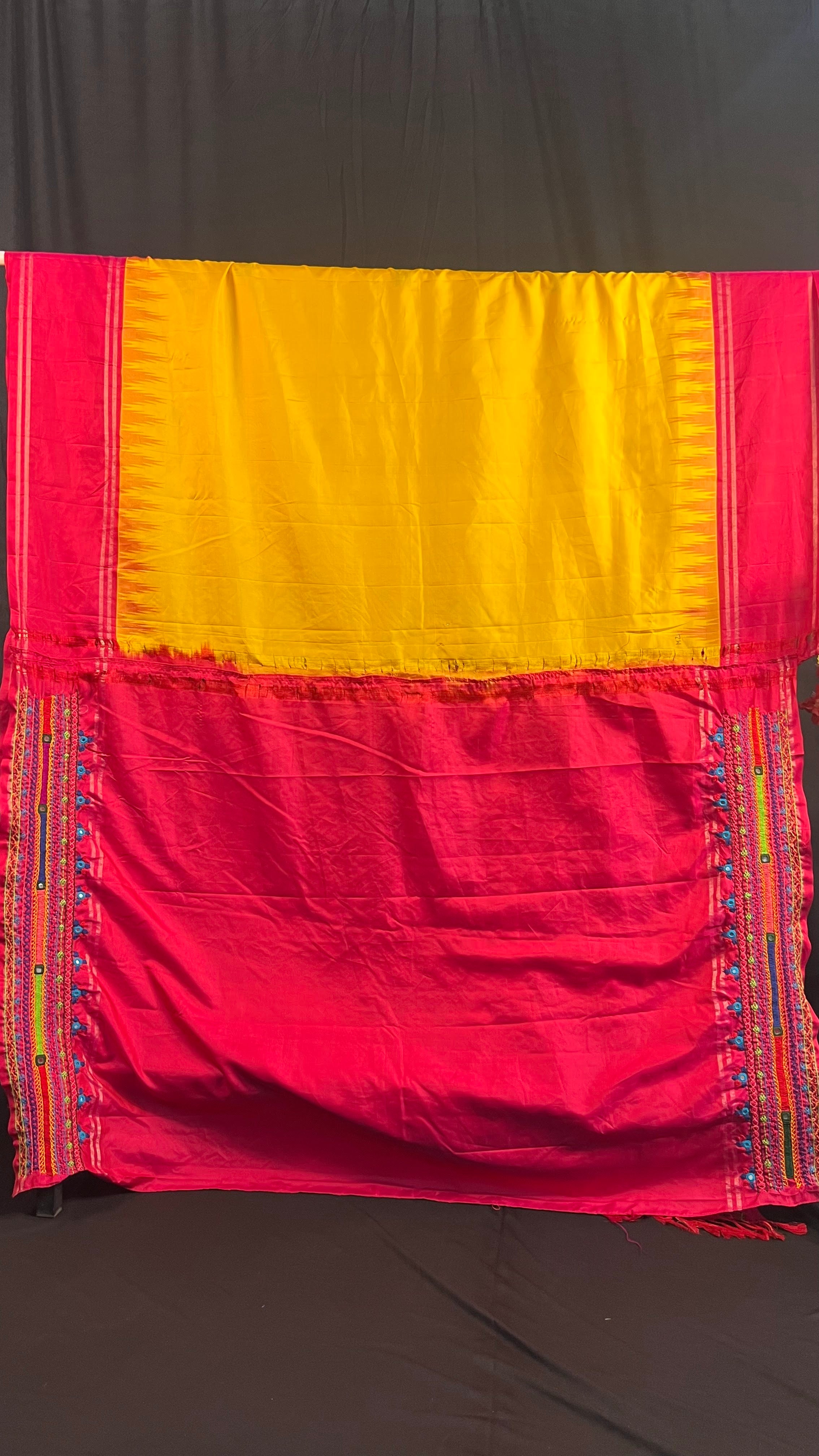 Bright Yellow & Rani Pink Heavy Embroidered Saree Molakalmuru Silk Lambani Saree