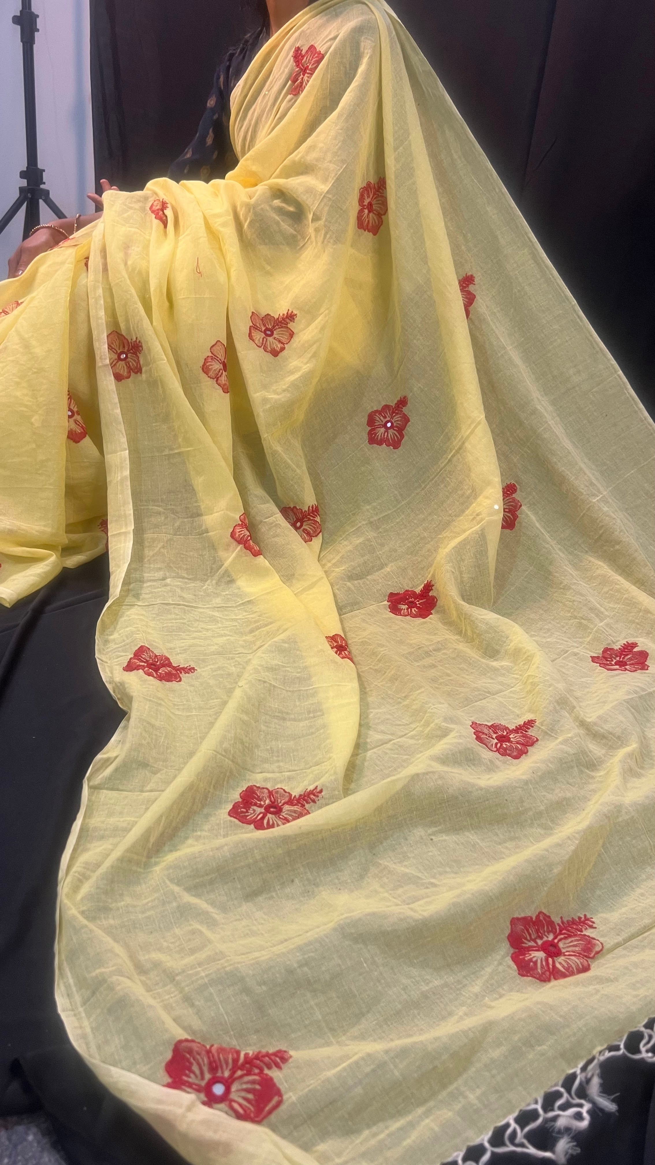 Butter Yellow Soft Cotton Saree with Floral Mirror Work Embroidery