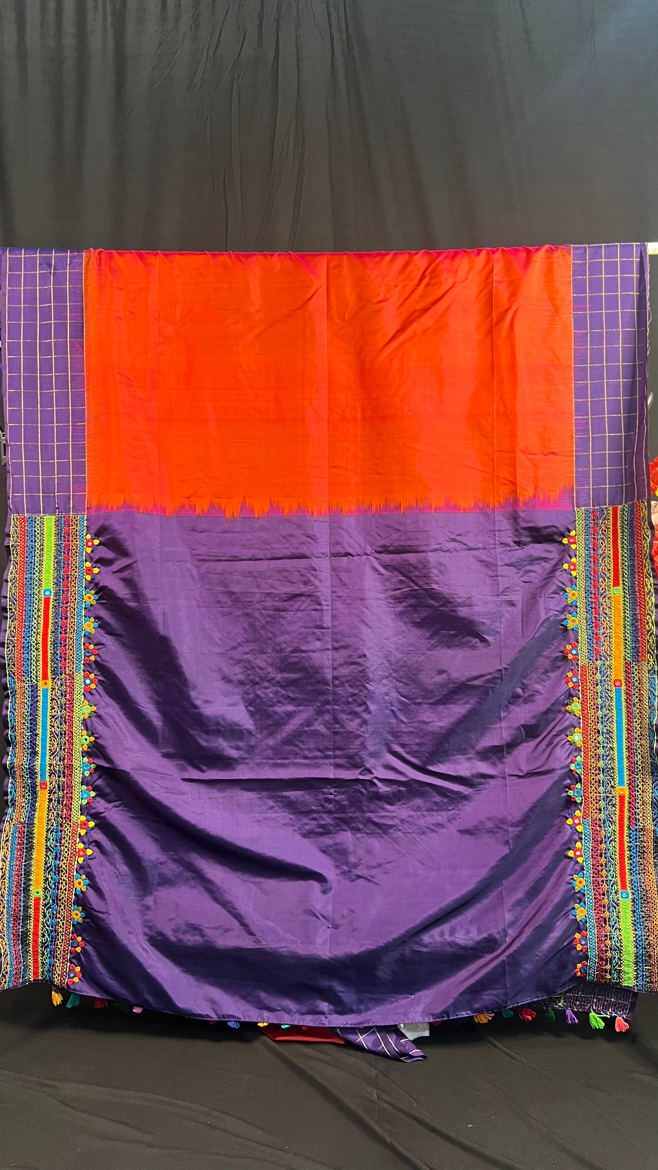 Coral Orange & Royal Purple with Mirror Embroidered Pallu Molakalmuru Silk Lambani Saree