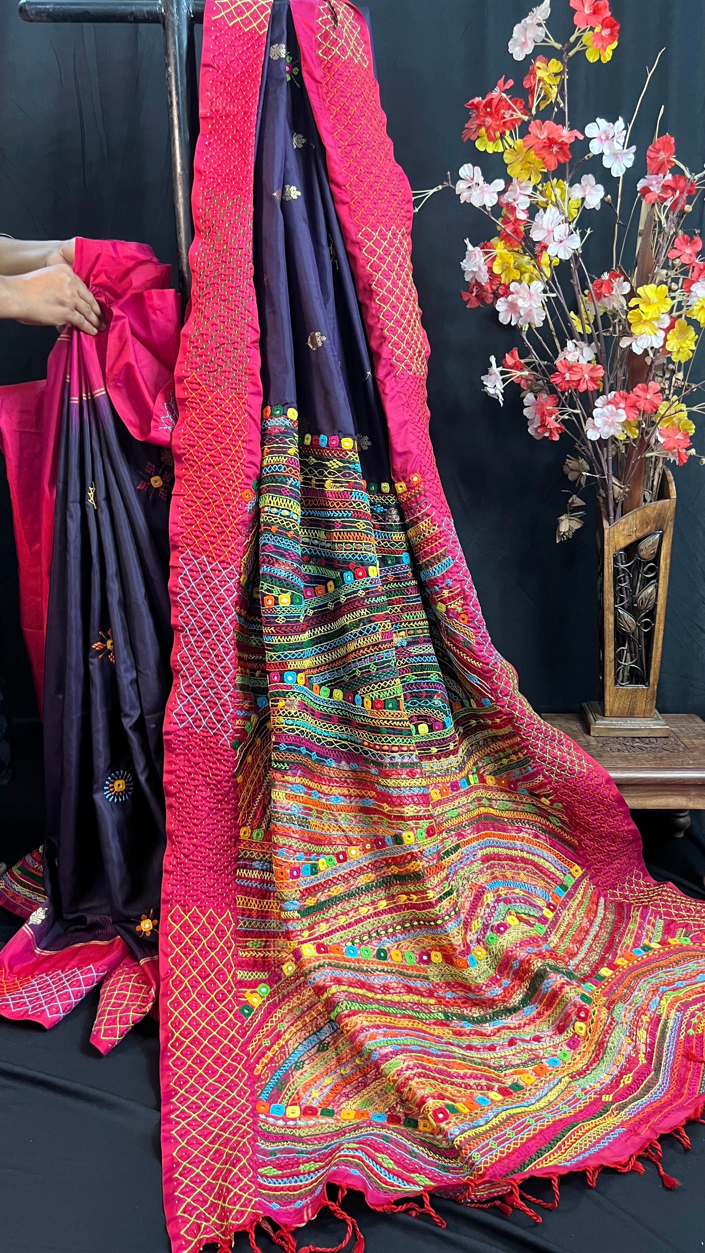 Deep Plum & Rani Pink Molakalmuru Silk Lambani Saree