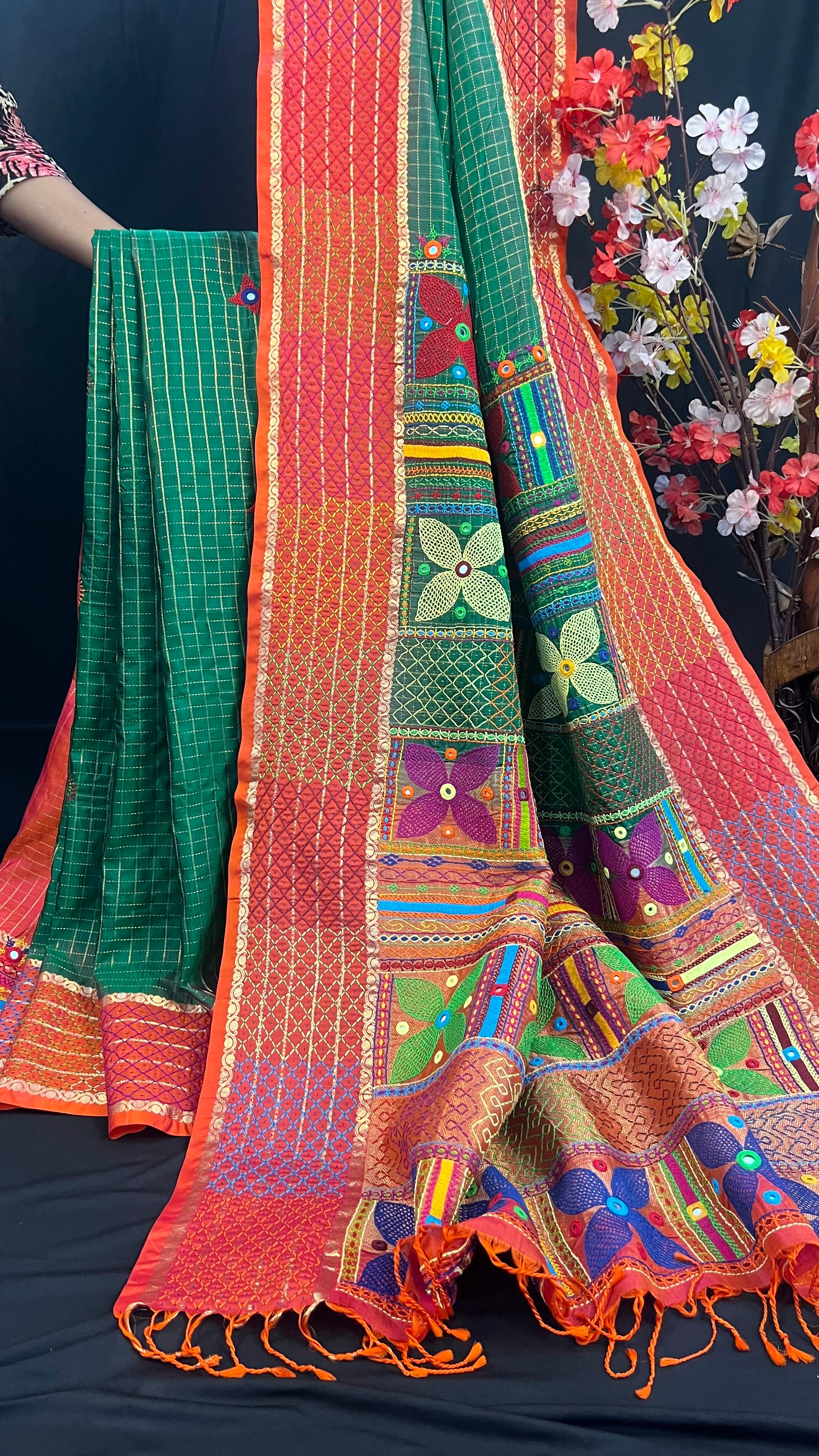 Emerald Green & Burnt Orange Molakalmuru Lambani Saree