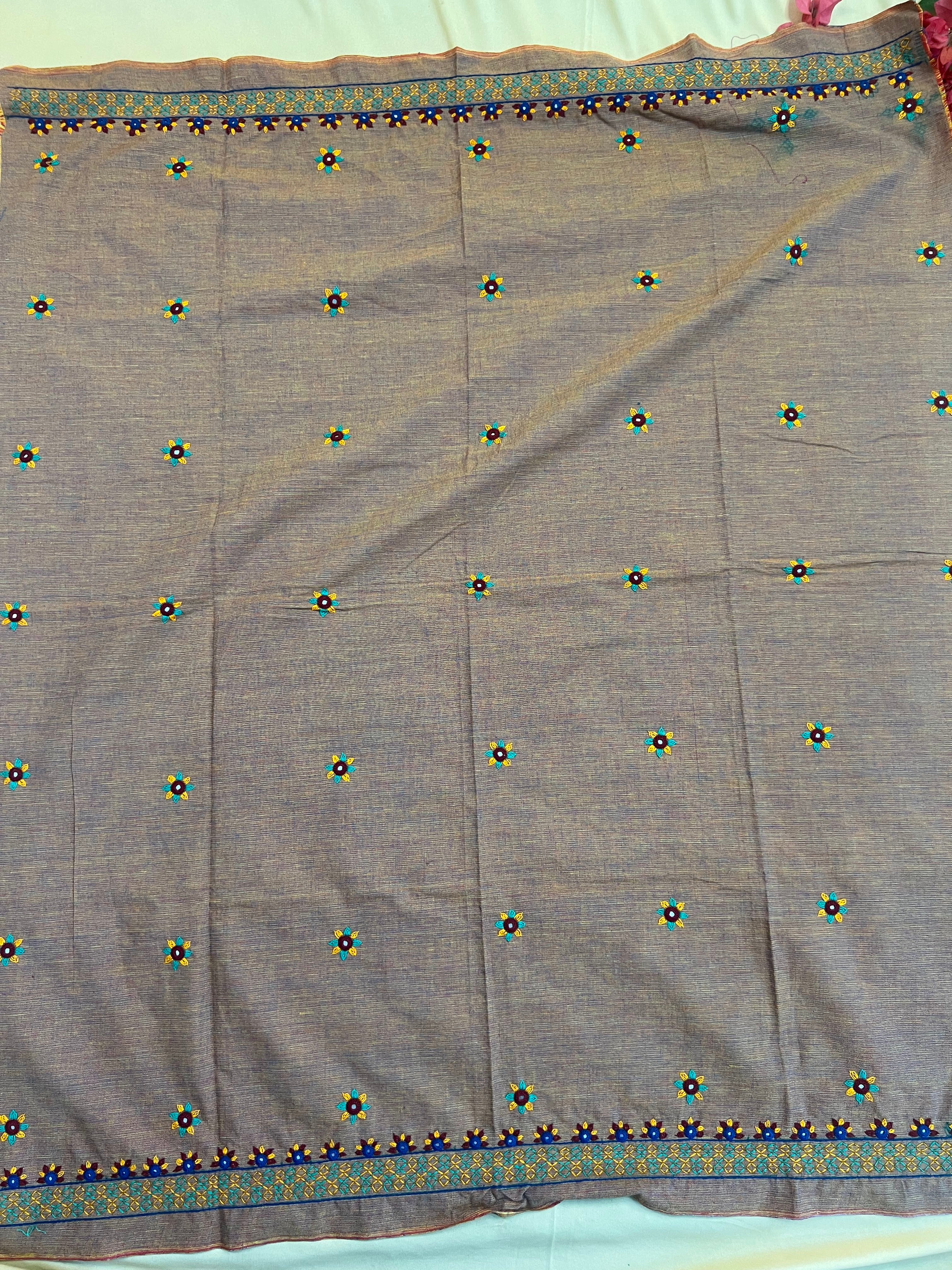 Grey Lambani Butti Embroidery Handloom Cotton Blouse Piece
