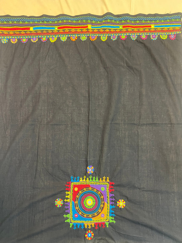 Charcoal Black with Multicolor Motif Lambani Embroidery Handloom Cotton Blouse Piece