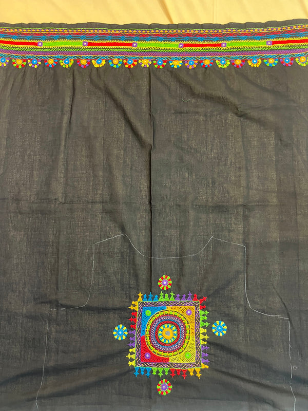 Charcoal Black with Multicolor Motif  Lambani Embroidery Handloom Cotton Blouse Piece