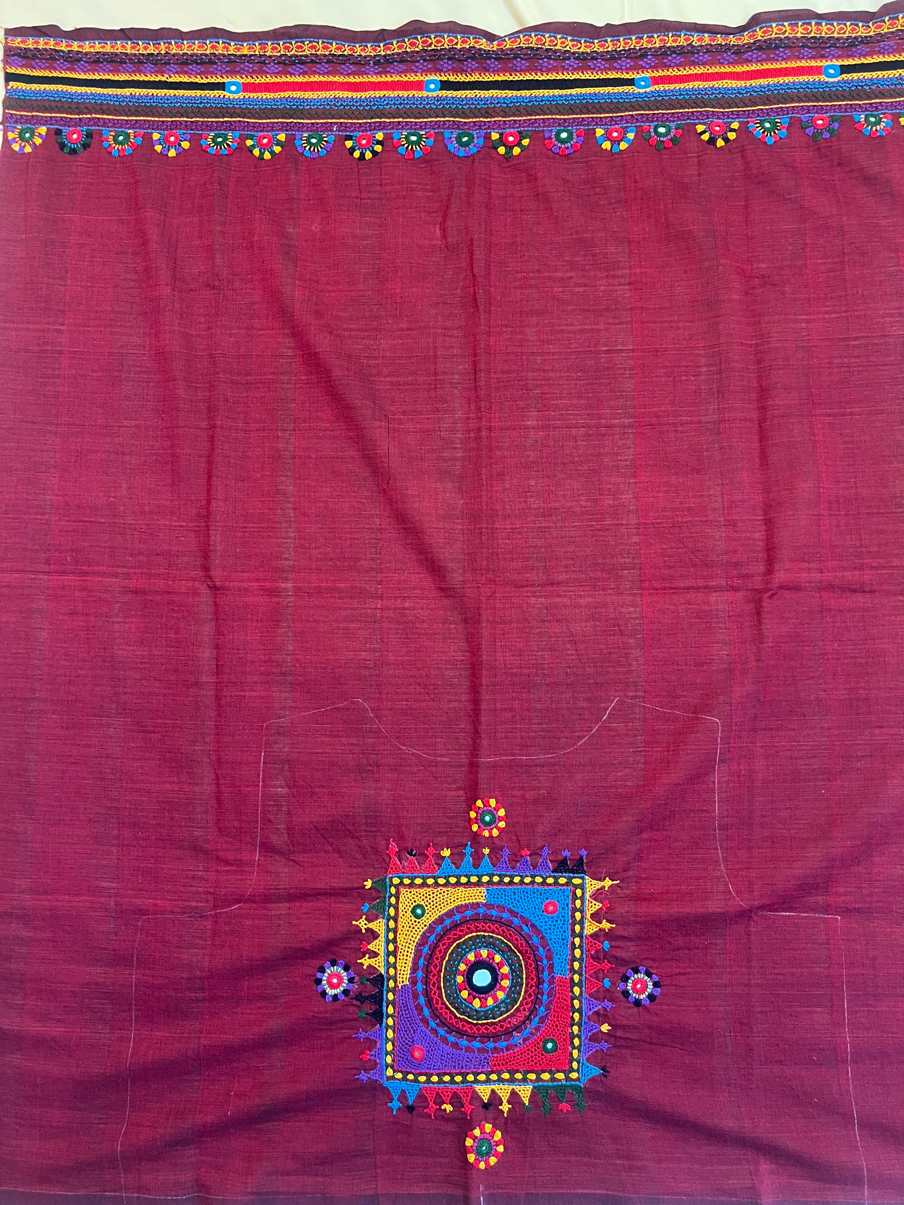 Deep Wine Maroon with Multicolor Motif Lambani Embroidery Handloom Cotton Blouse Piece