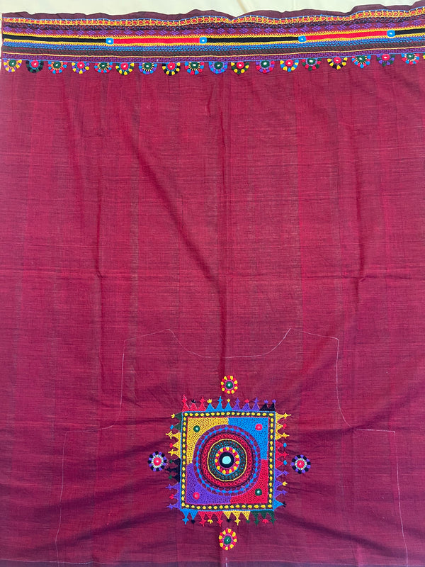 Deep Wine Maroon with Multicolor Motif Lambani Embroidery Handloom Cotton Blouse Piece