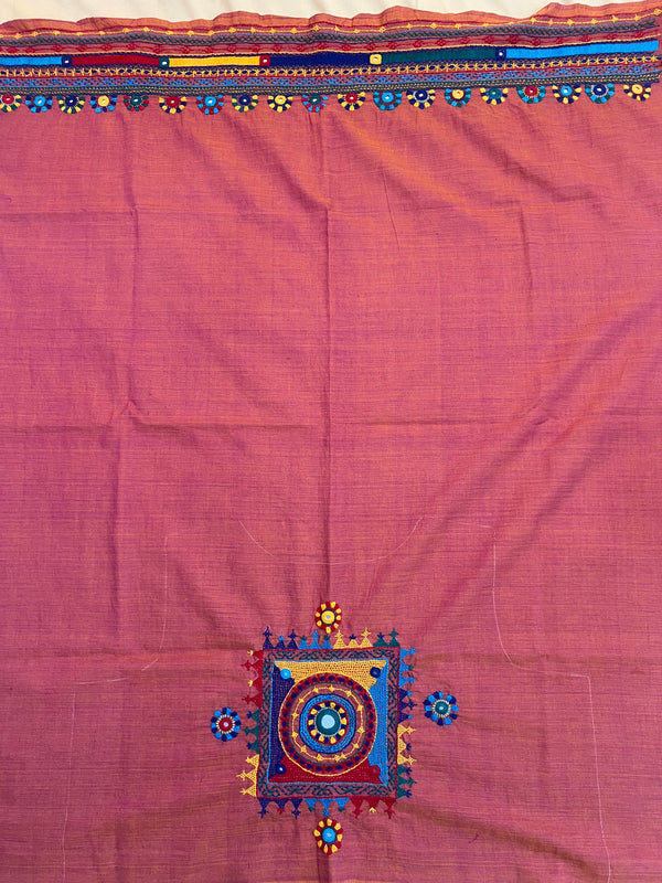 Dusty Rose Pink with Multicolor Motif Lambani Embroidery Handloom Cotton Blouse Piece