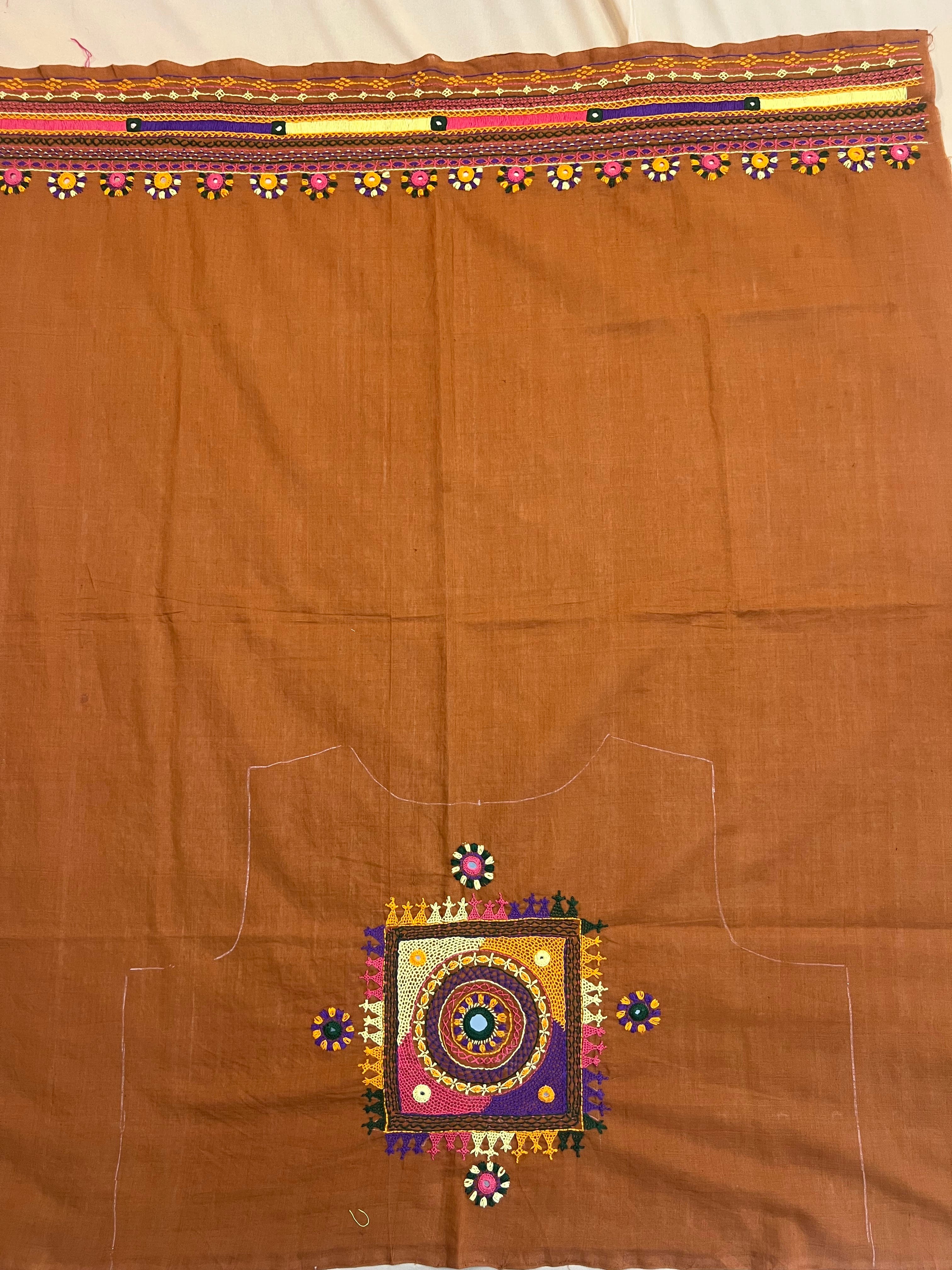 Earthy Brown with Multicolor Motif Lambani Embroidery Handloom Cotton Blouse Piece