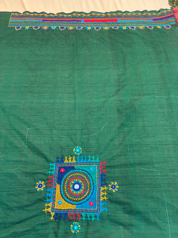 Green with Multicolor Work Lambani Embroidery Handloom Cotton Blouse Piece