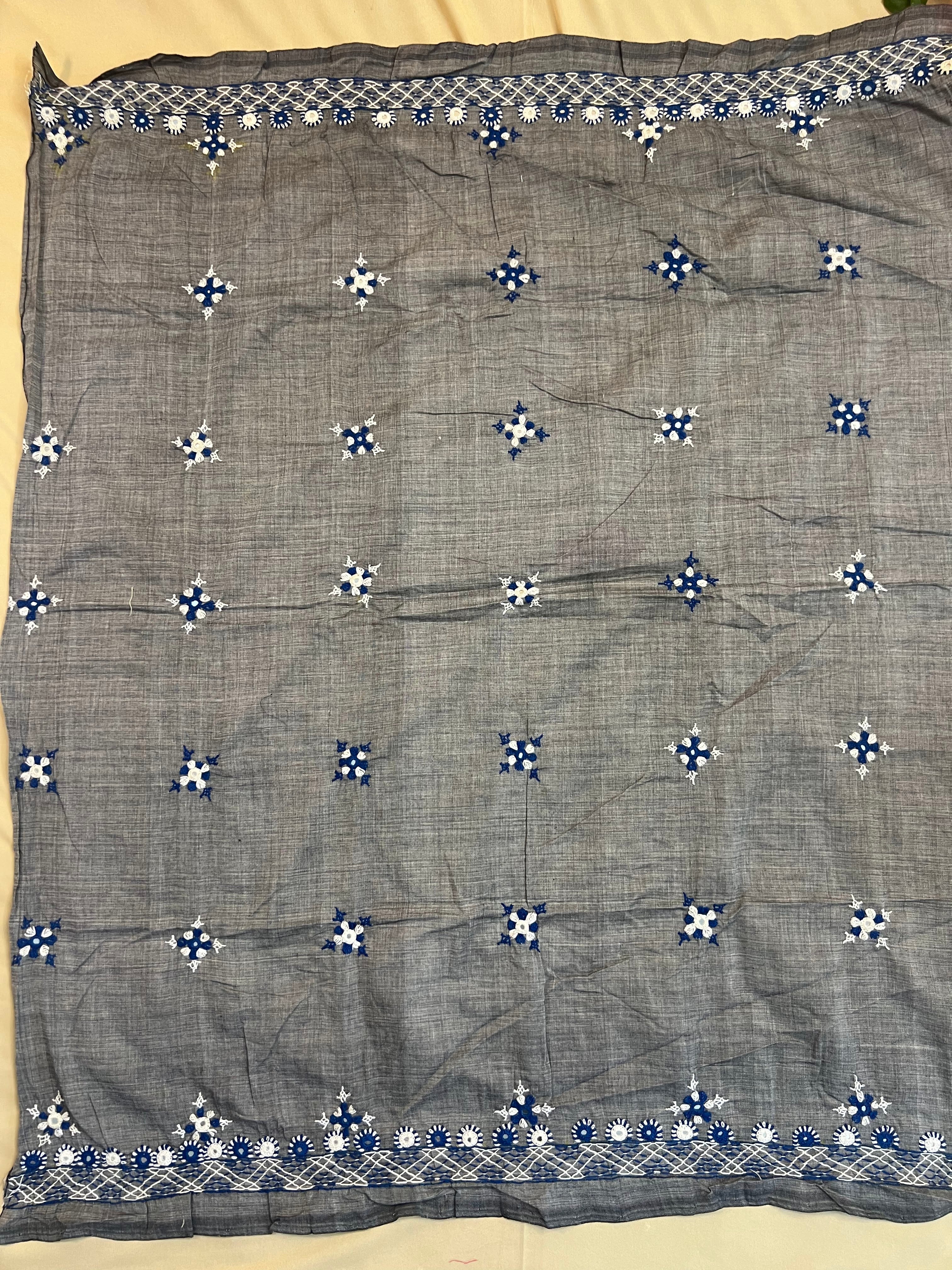 Grey with Blue & White Work Lambani Embroidery Handloom Cotton Blouse Piece