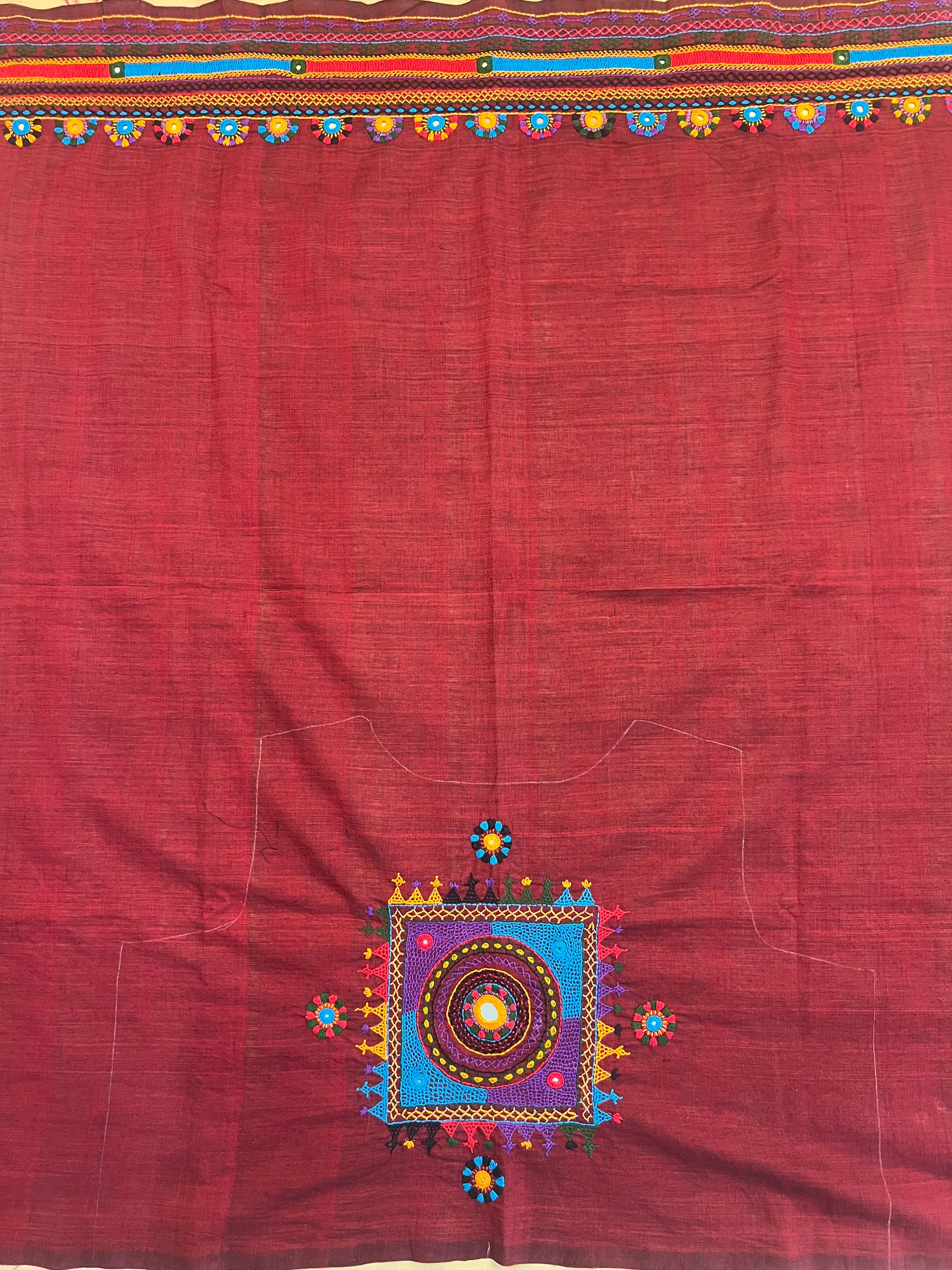 Rust Red with Statement Motif Lambani Embroidery Handloom Cotton Blouse Piece