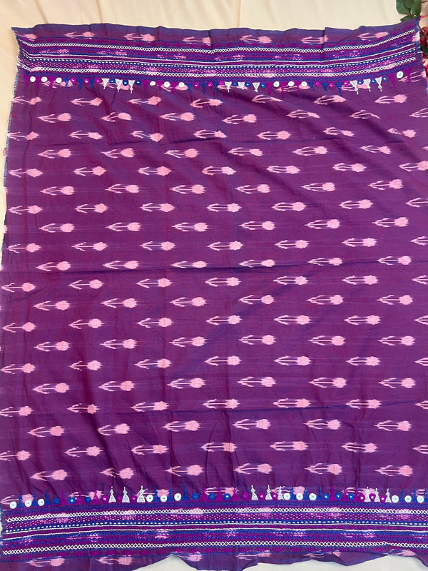 Purple  Lambani Embroidered Border Handloom Ikat Cotton Blouse Piece