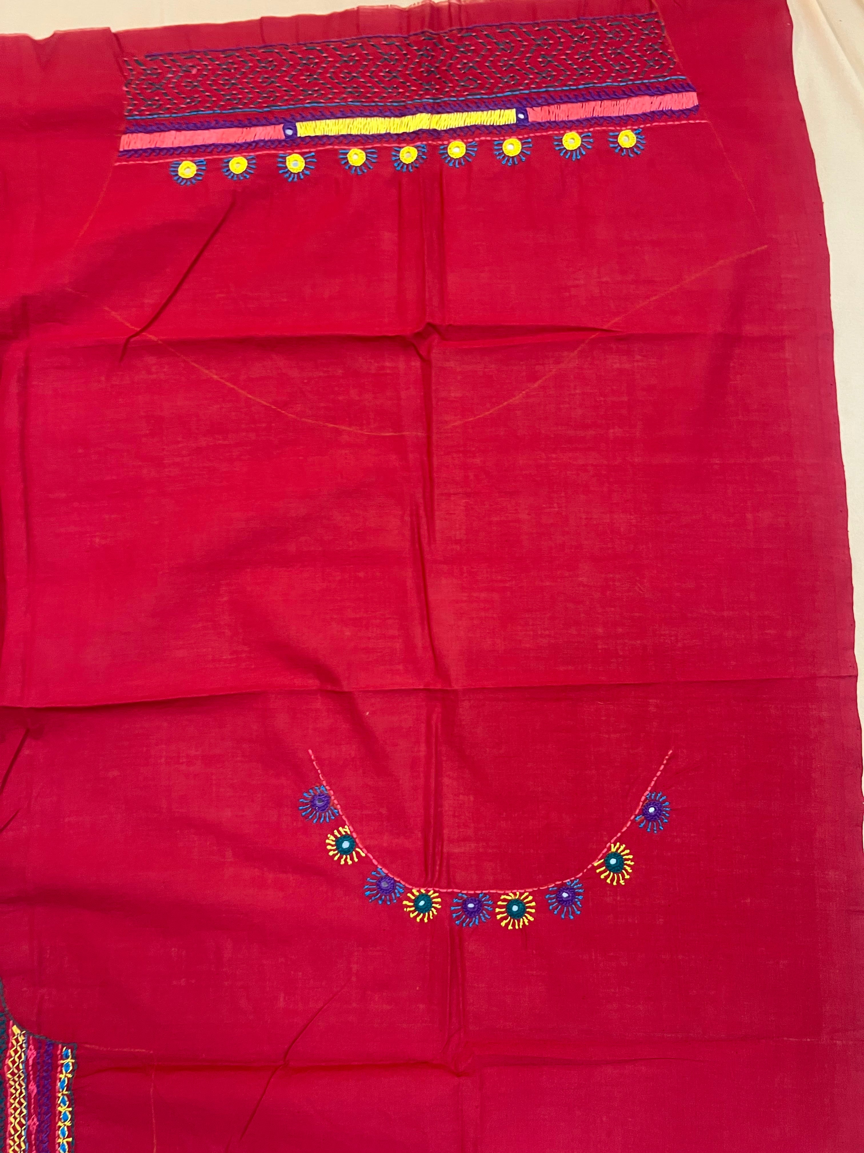 Bright Red Festive Statement Design Handloom Mangalagiri Cotton Lambani Embroidered Blouse Piece (Unstitched)