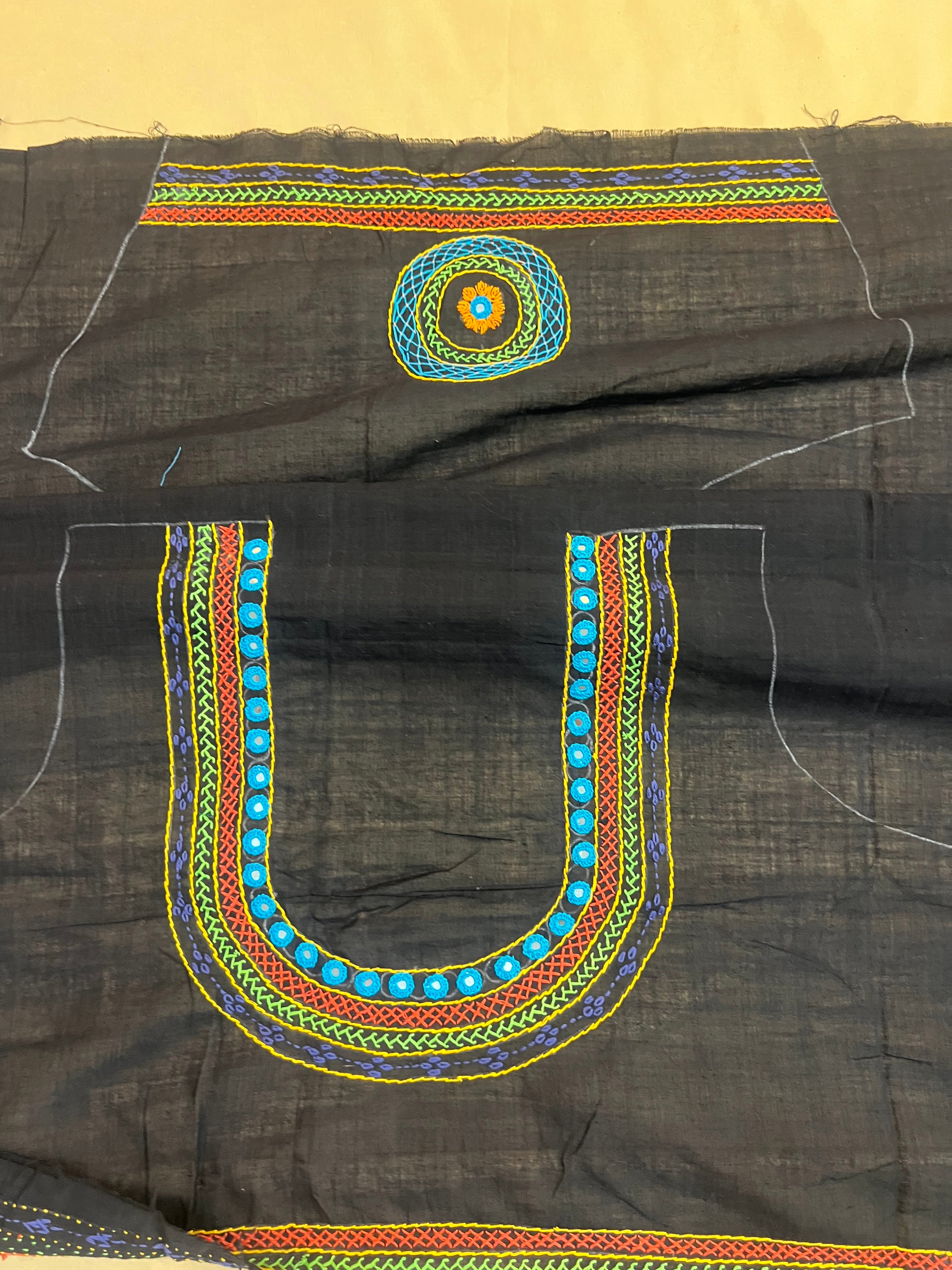 Charcoal Black Multicolor Neck Design  Handloom Mangalagiri Cotton Lambani Embroidered Blouse Piece (Unstitched)