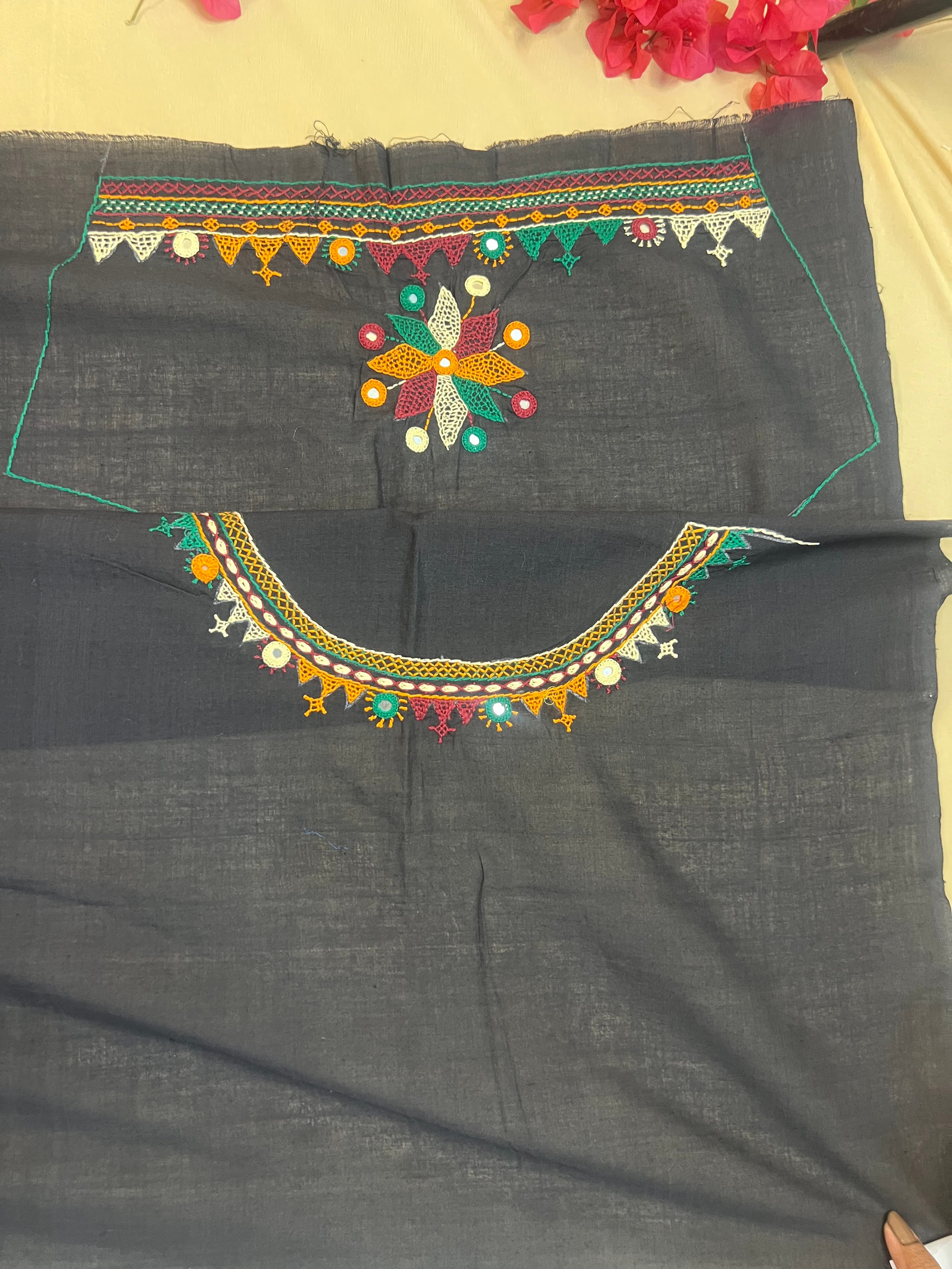 Charcoal Grey Festive Design Handloom Mangalagiri Cotton Lambani Embroidered Blouse Piece (Unstitched)