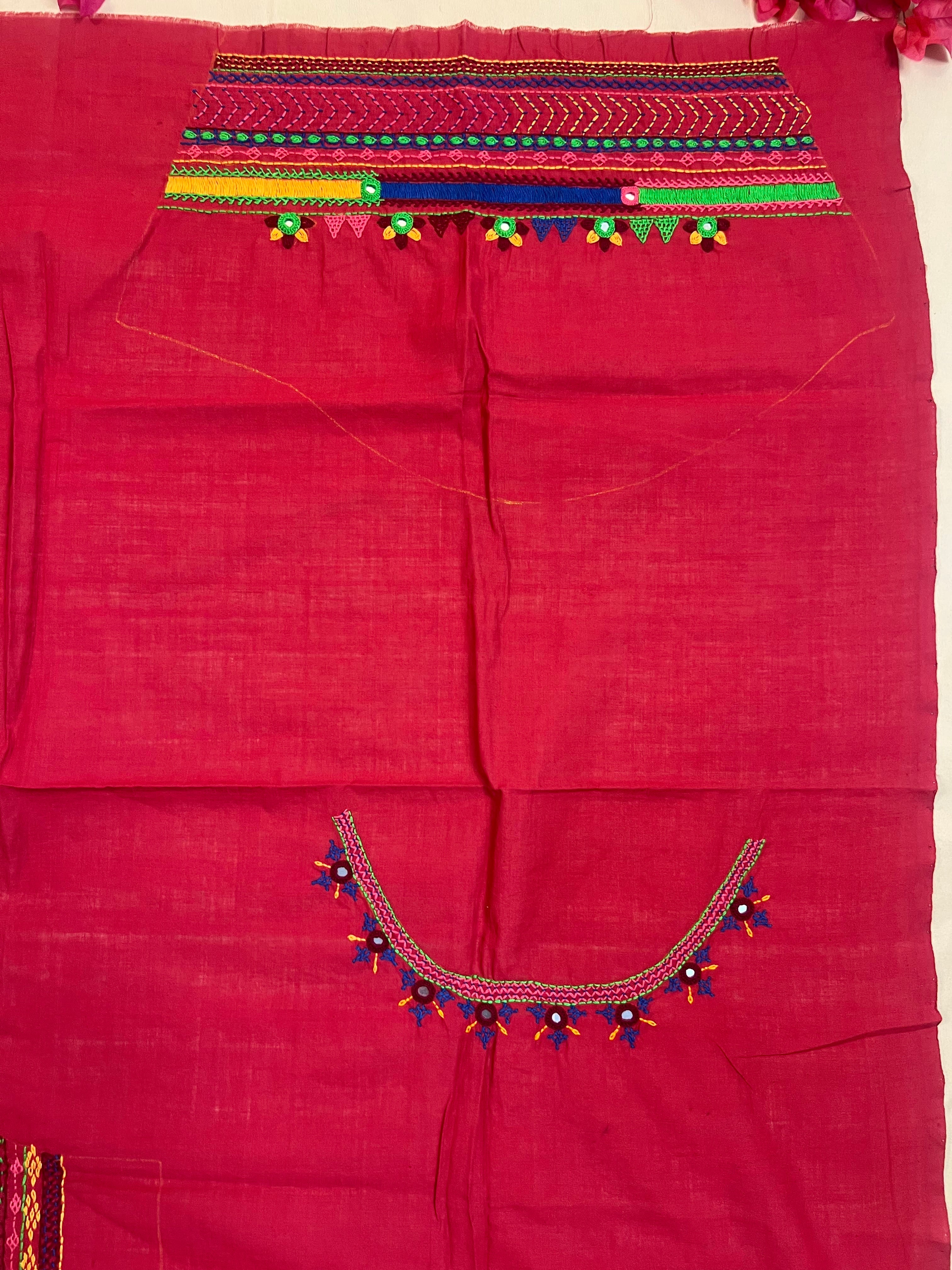 Deep Red Festive Statement Design Handloom Mangalagiri Cotton Lambani Embroidered Blouse Piece (Unstitched)