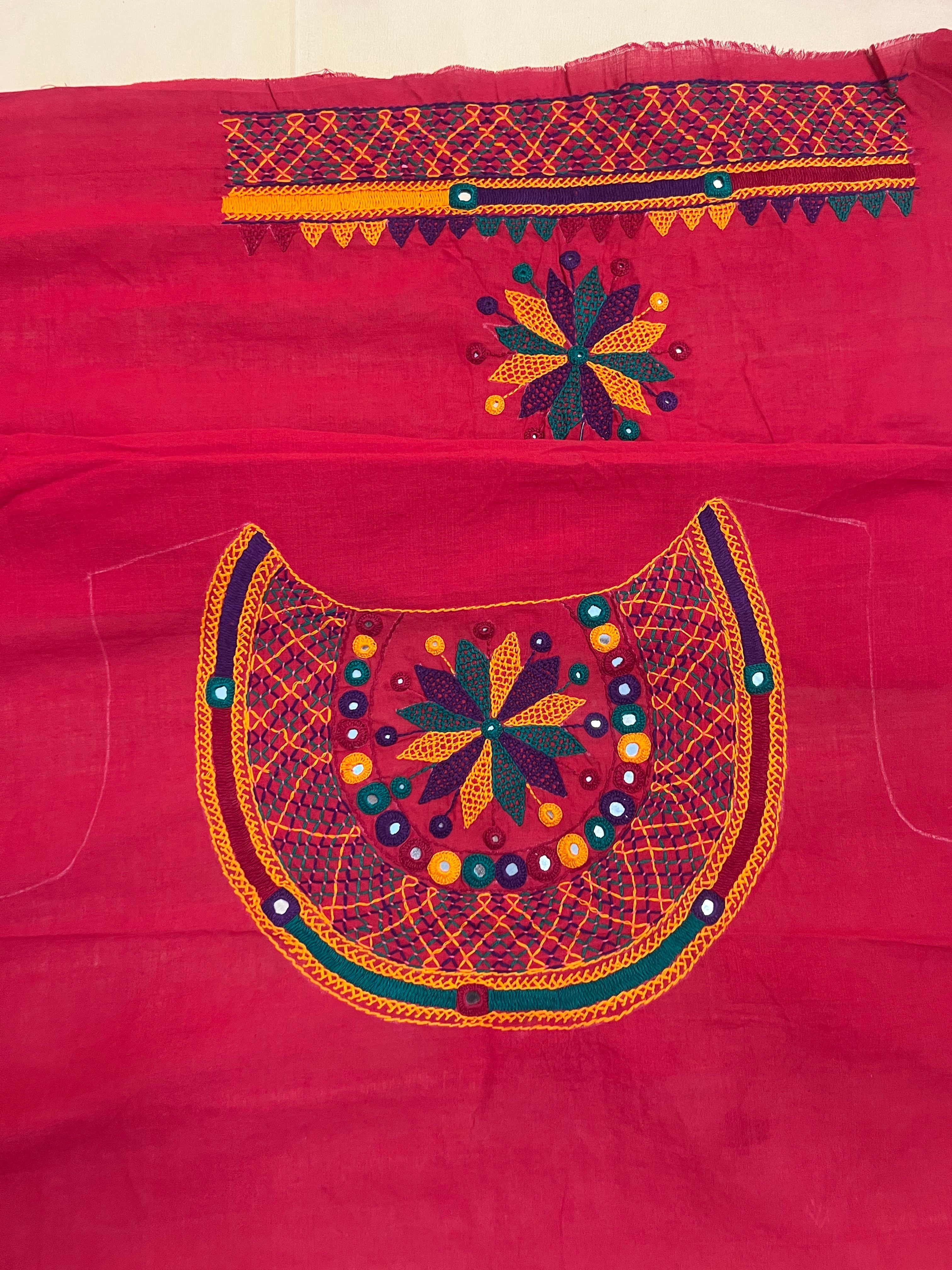 Deep Red Multicolor Motif Handloom Mangalagiri Cotton Lambani Embroidered Blouse Piece (Unstitched)