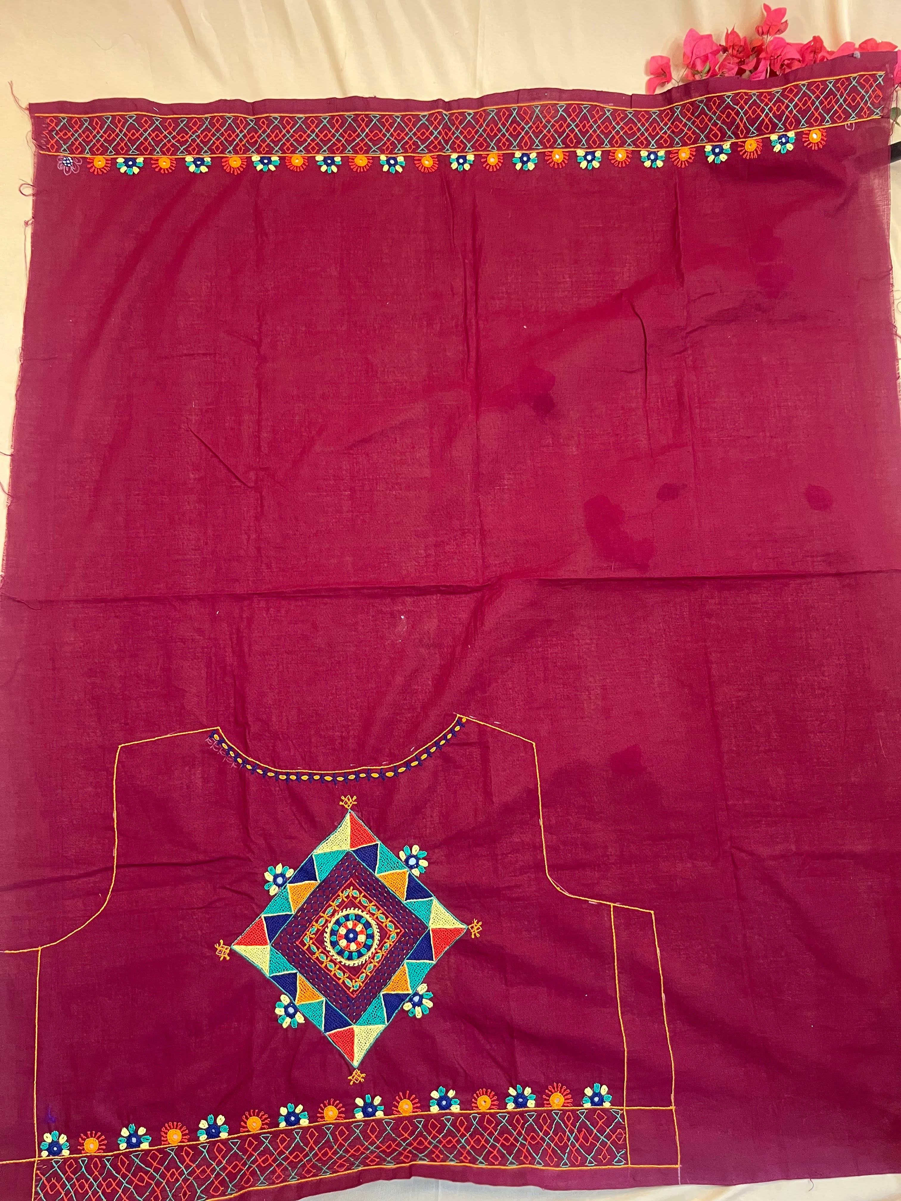 Maroon Geometric Center Motif Handloom Mangalagiri Cotton Lambani Embroidered Blouse Piece (Unstitched)
