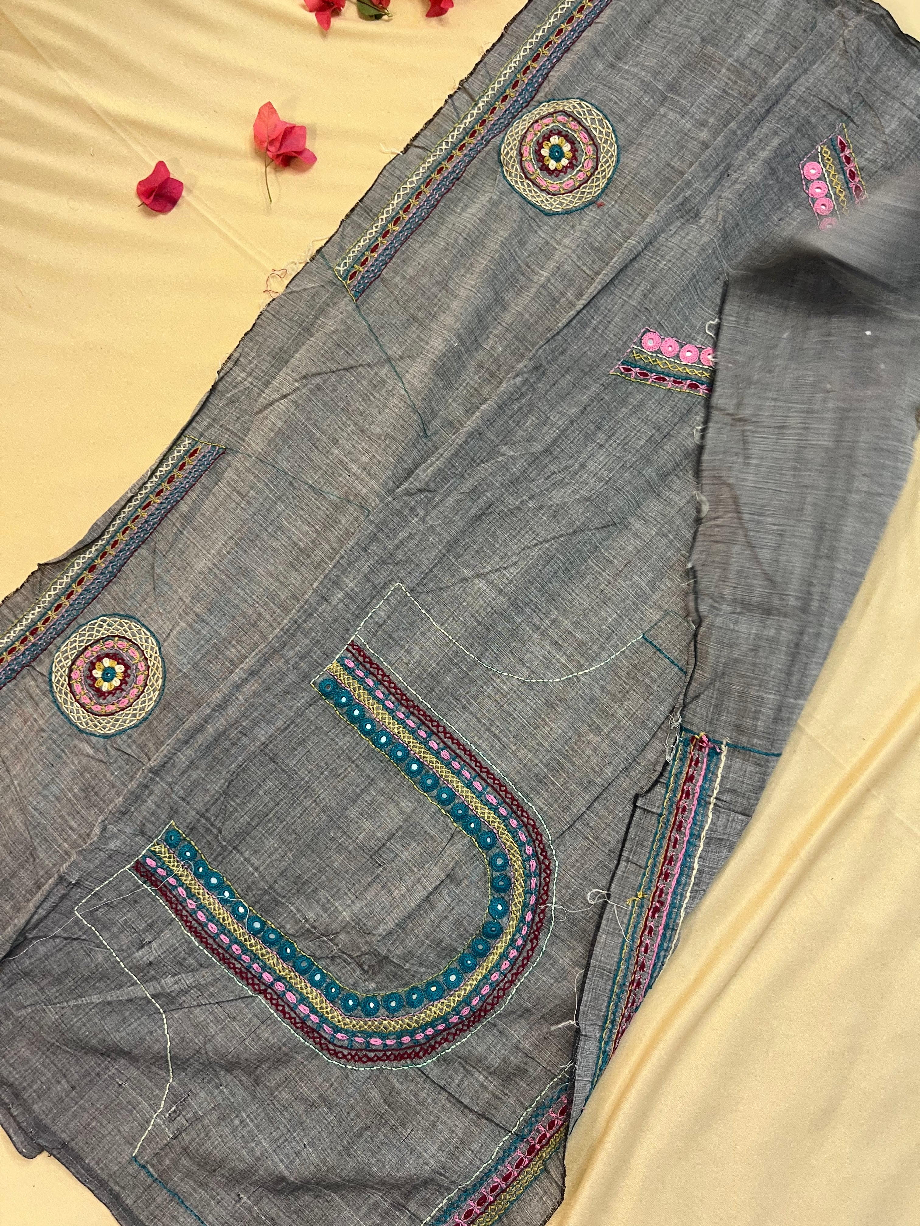 Grey Minimal Motif Design Handloom Mangalagiri Cotton Lambani Embroidered Blouse Piece (Unstitched)