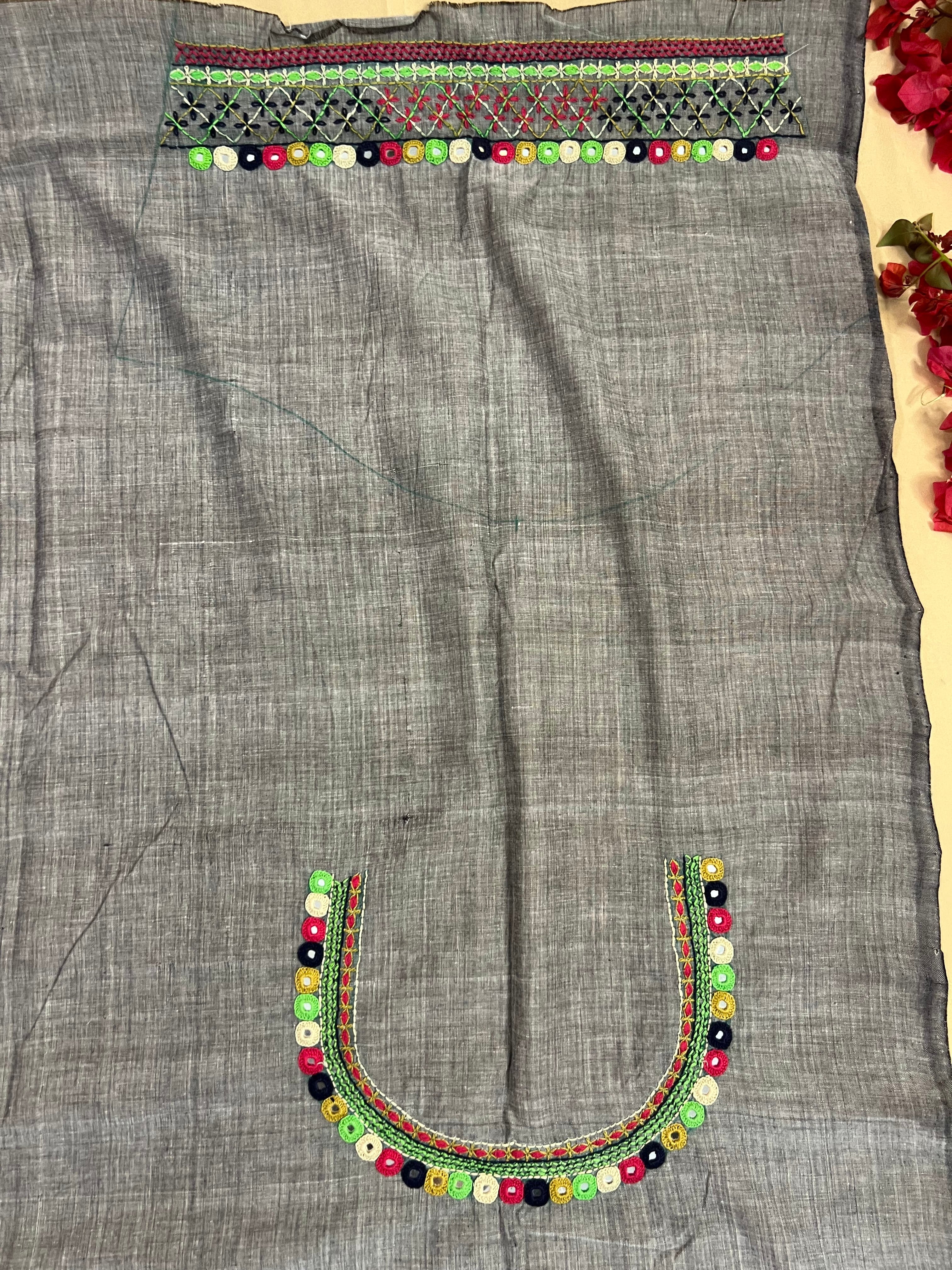 Grey Multicolor Geometric Design Handloom Mangalagiri Cotton Lambani Embroidered Blouse Piece (Unstitched)