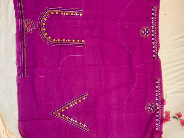 Rani Pink Minimal Neckline Design Handloom Mangalagiri Cotton Lambani Embroidered Blouse Piece (Unstitched)