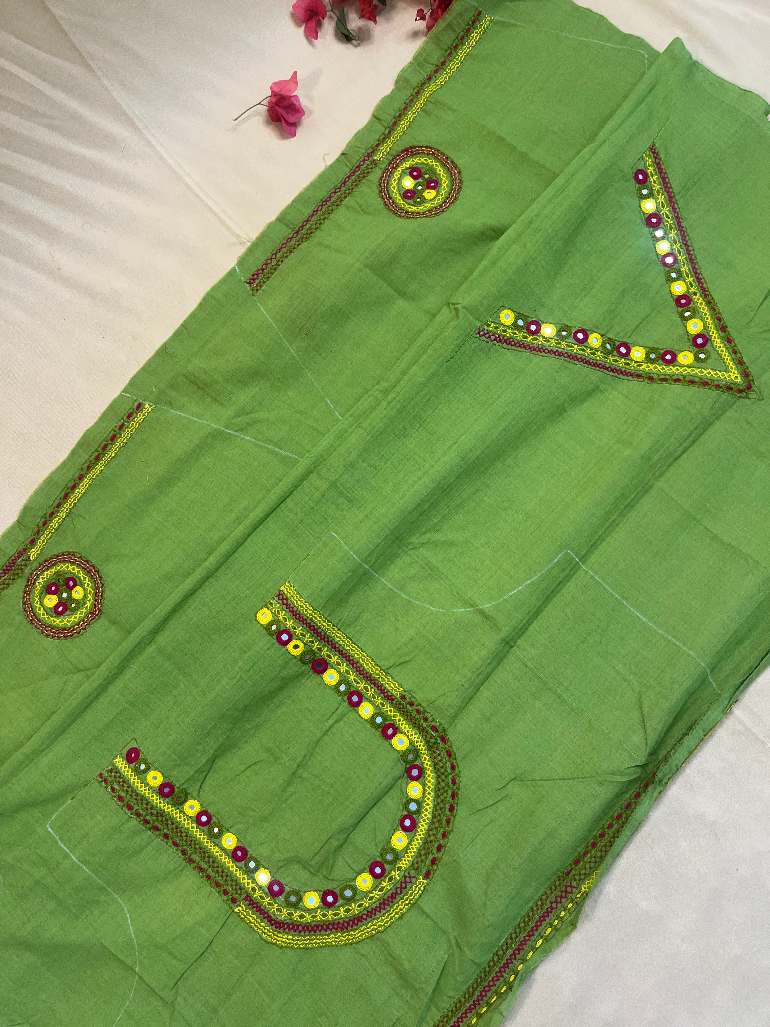 Parrot Green Minimal Neckline Handloom Mangalagiri Cotton Lambani Embroidered Blouse Piece (Unstitched)