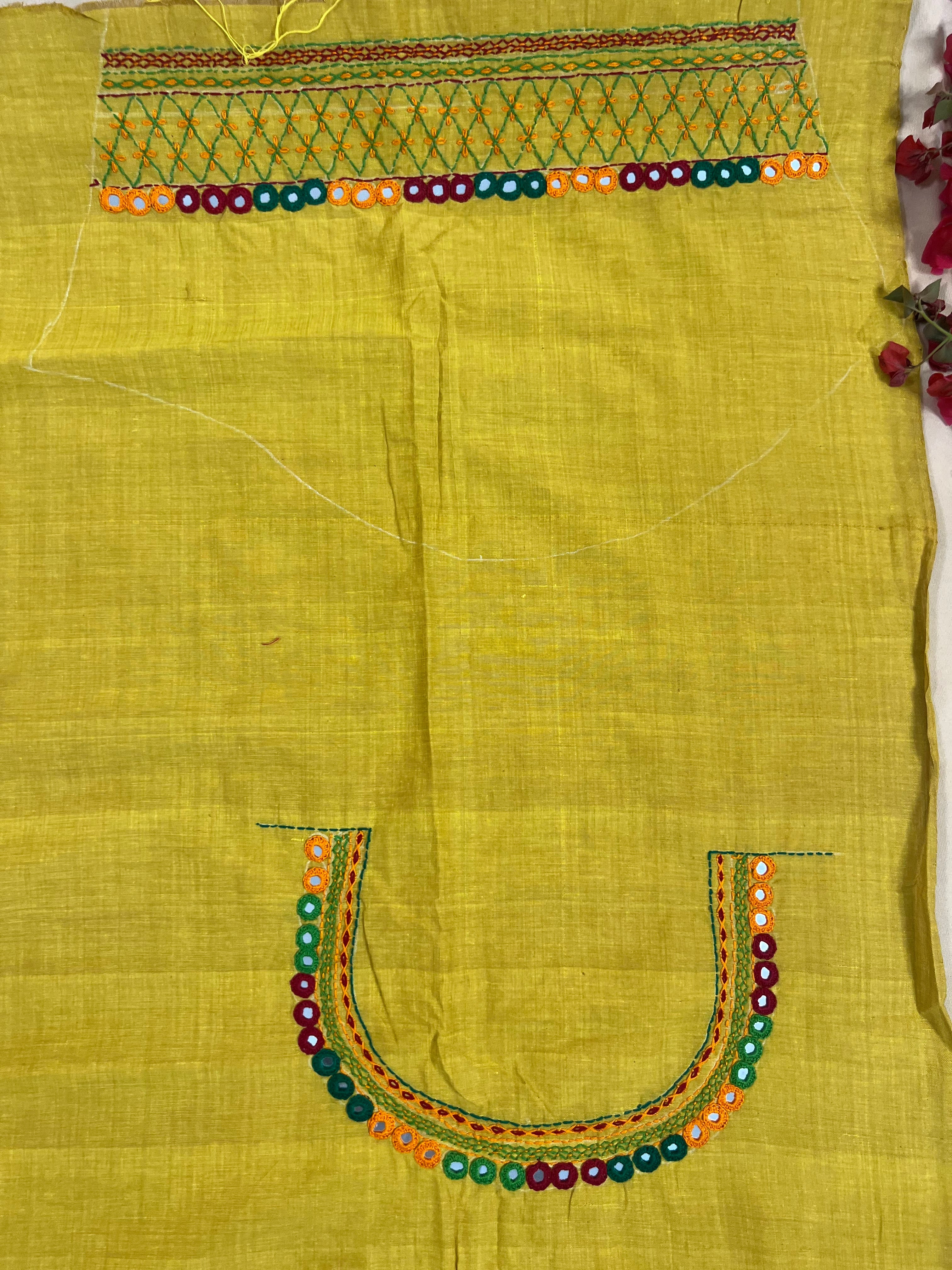 Mustard Yellow Multicolor Work Handloom Mangalagiri Cotton Lambani Embroidered Blouse Piece (Unstitched)