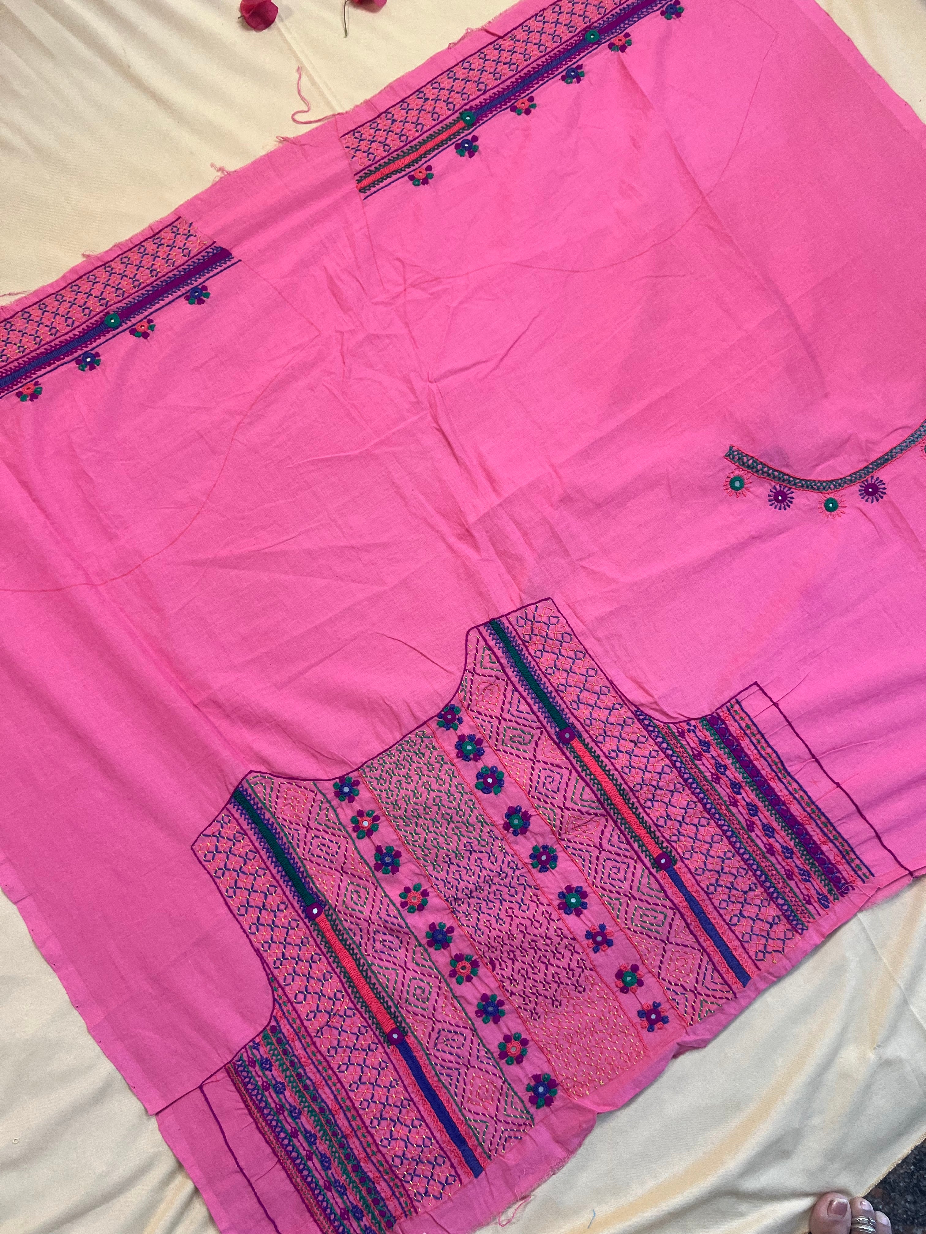 Pink Geometric Floral Design Handloom Mangalagiri Cotton Lambani Embroidered Blouse Piece (Unstitched)