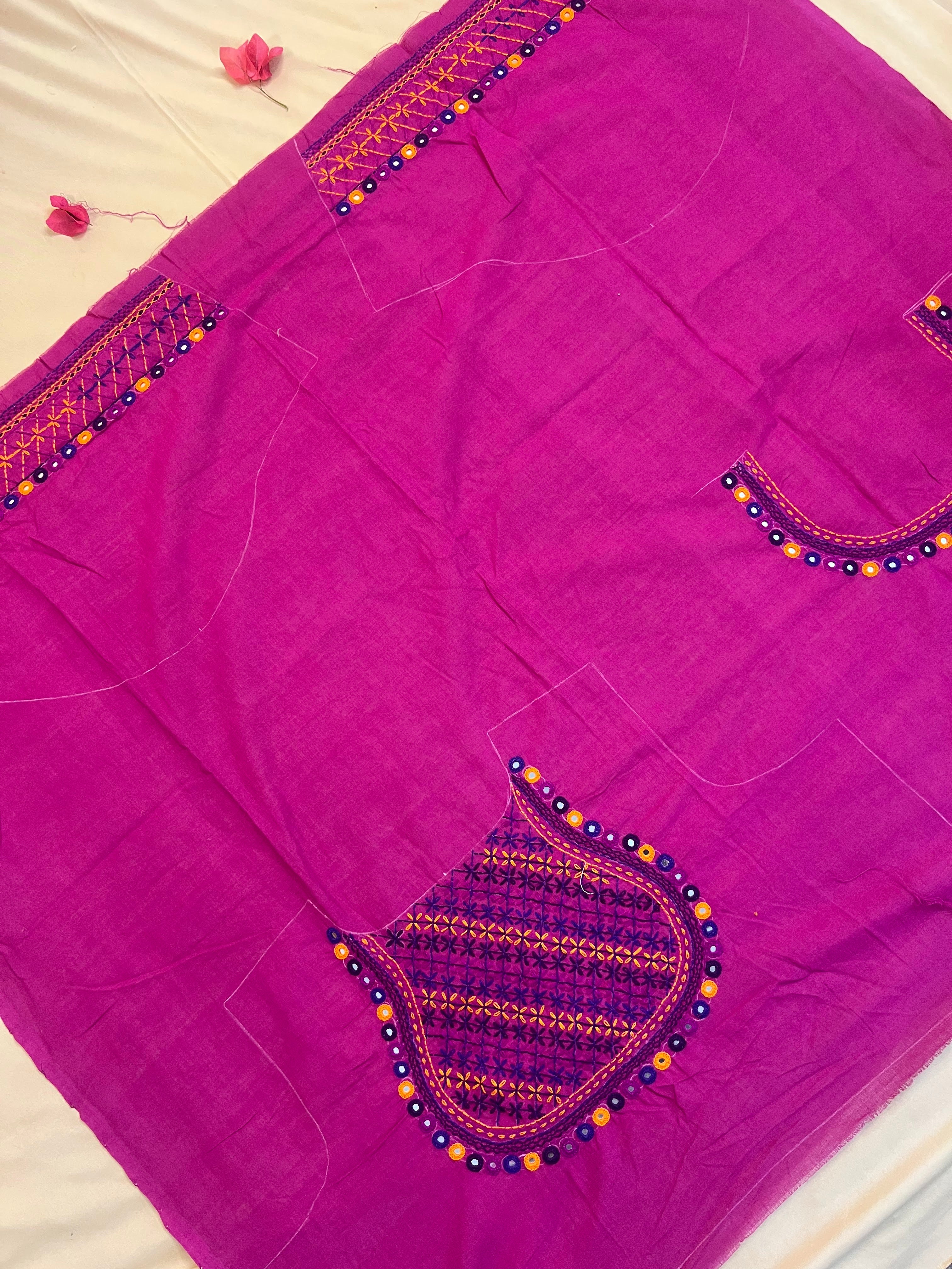 Rani Pink Contemporary Design Handloom Mangalagiri Cotton Lambani Embroidered Blouse Piece (Unstitched)
