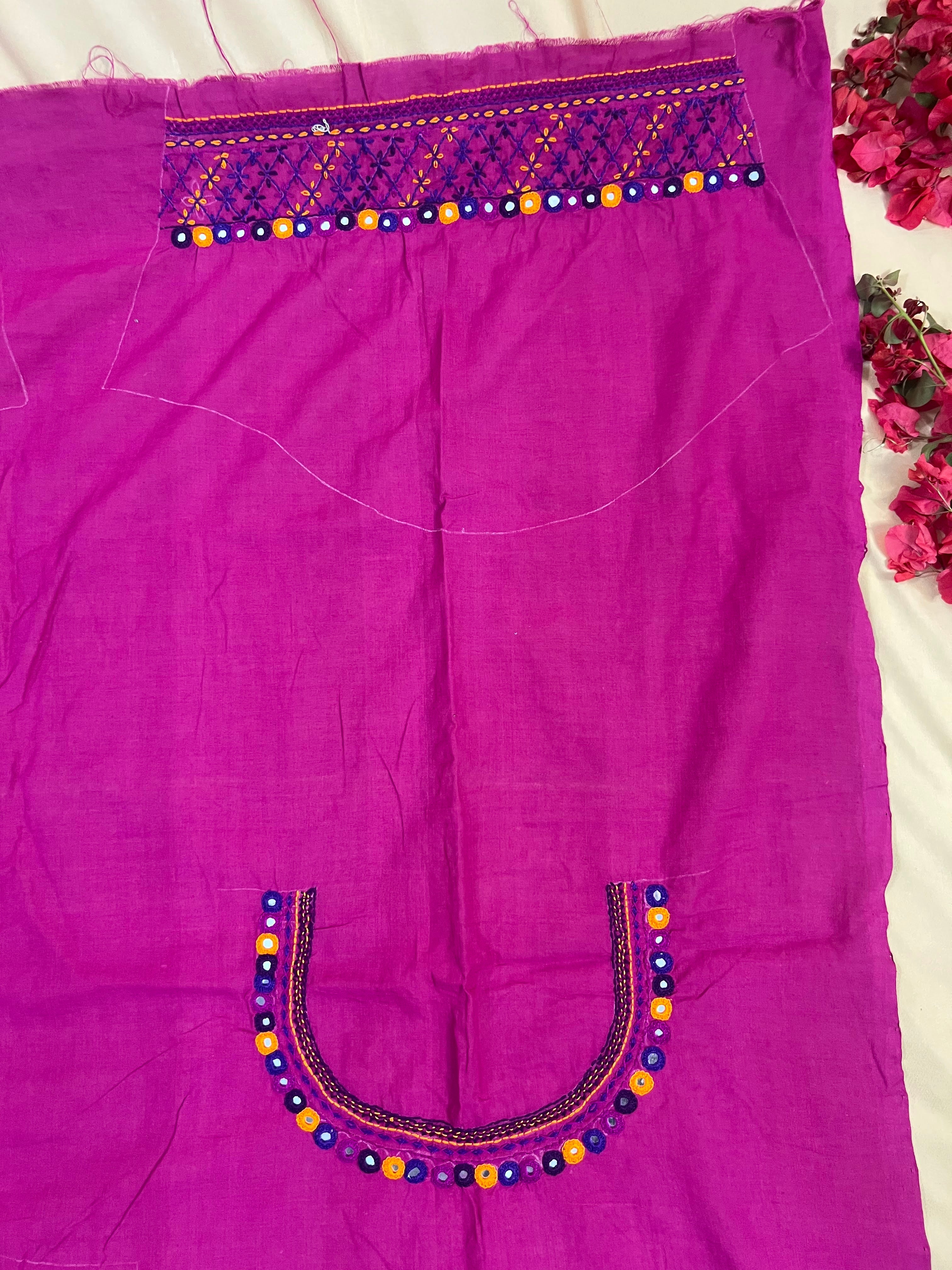 Rani Pink Geometric Yoke Design Handloom Mangalagiri Cotton Lambani Embroidered Blouse Piece (Unstitched)