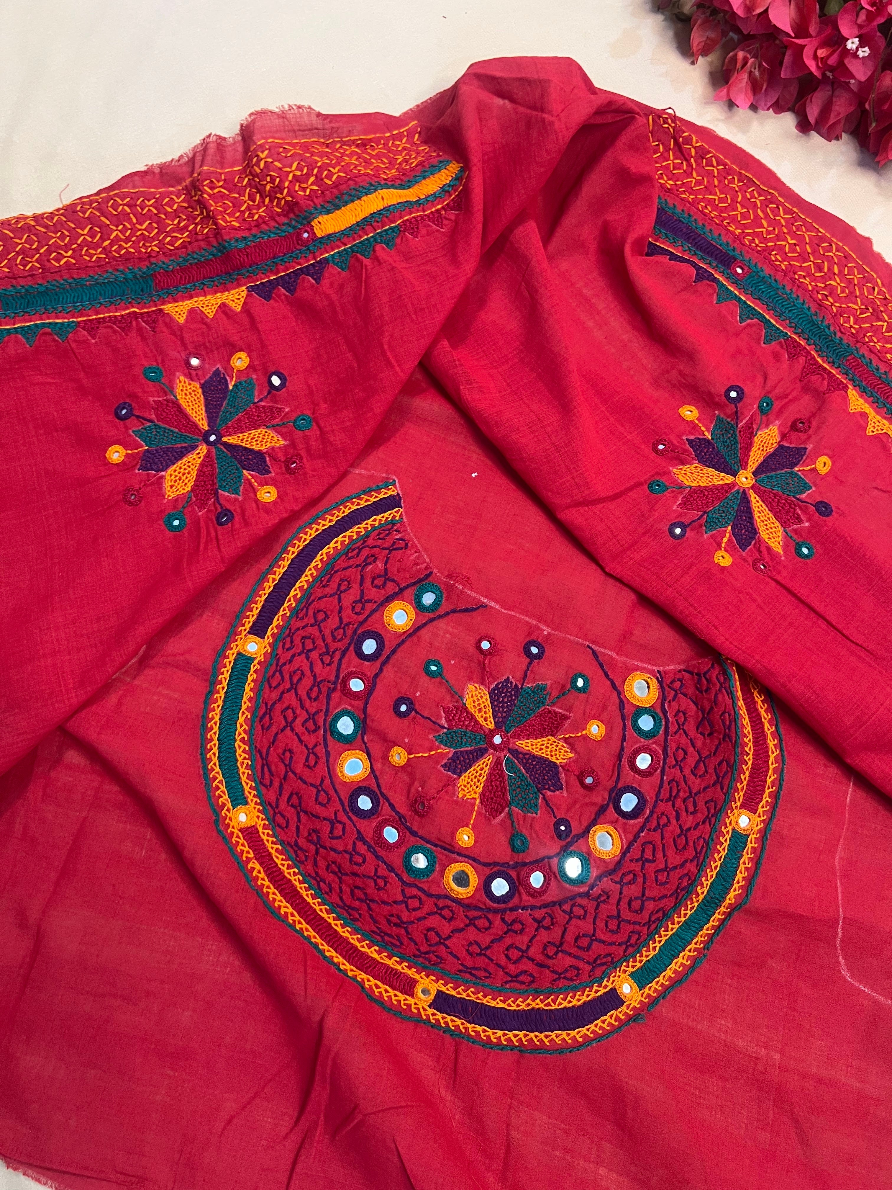 Festive Red Statement Circular Yoke Design Handloom Mangalagiri Cotton Lambani Embroidered Blouse Piece (Unstitched)