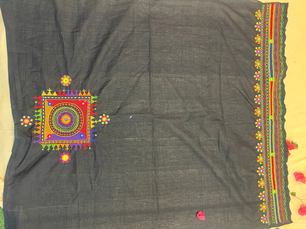 Black Multicolor Statement Square Yoke  Handloom Mangalagiri Cotton Lambani Embroidered Blouse Piece (Unstitched)