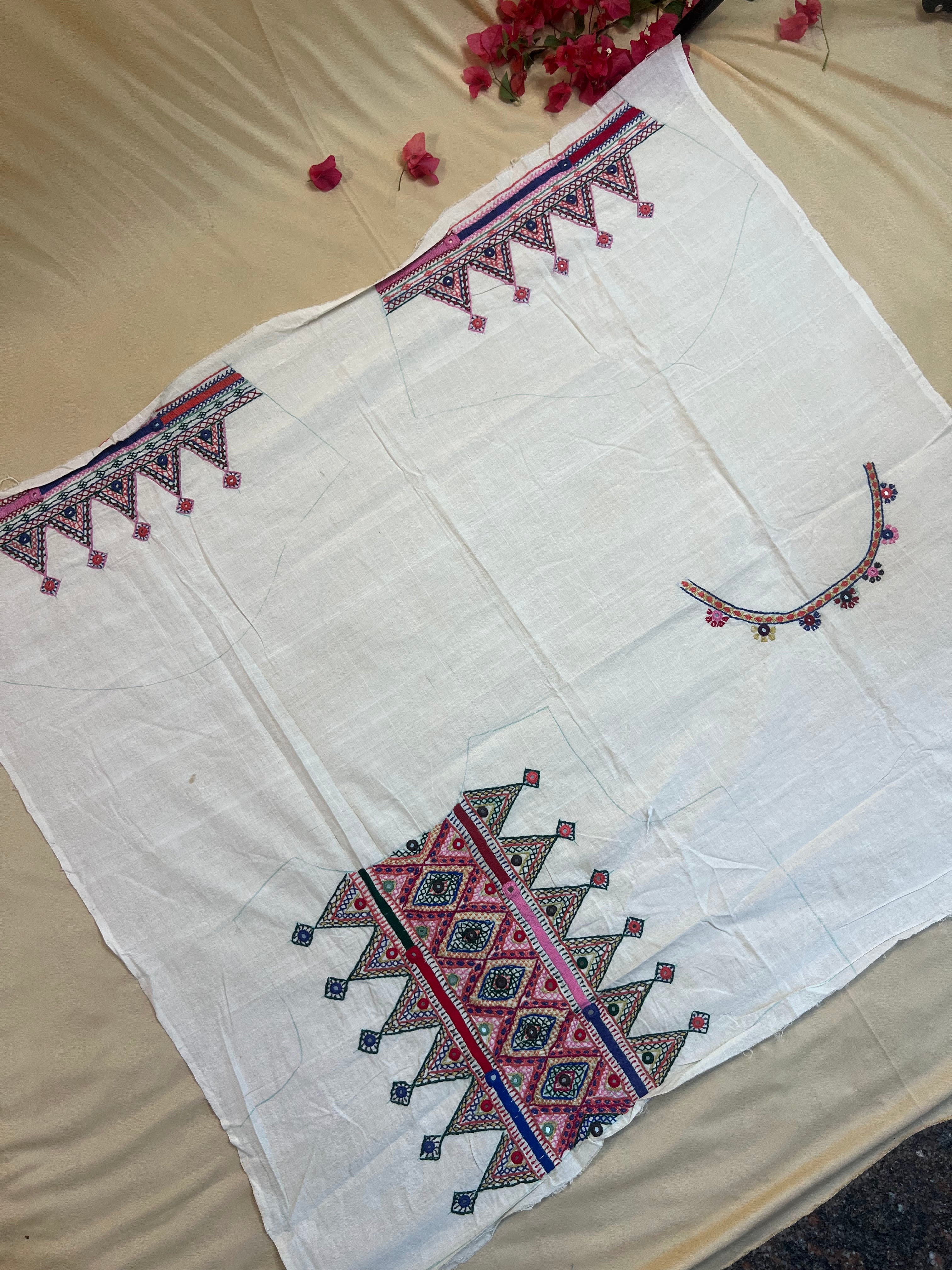 White Geometric Panel Design Handloom Mangalagiri Cotton Lambani Embroidered Blouse Piece (Unstitched)