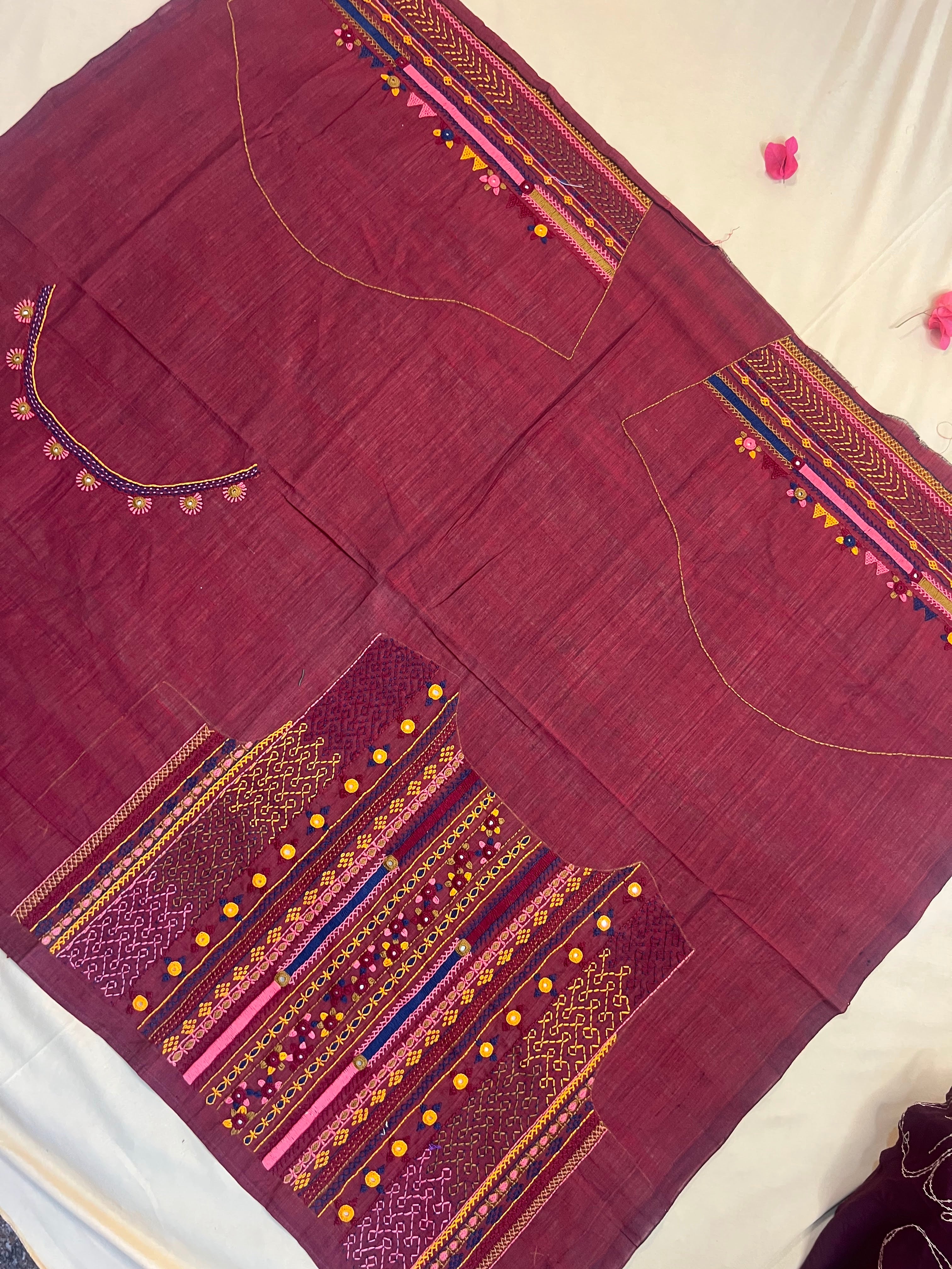 Wine Maroon Elegant Design Handloom Mangalagiri Cotton Lambani Embroidered Blouse Piece (Unstitched)