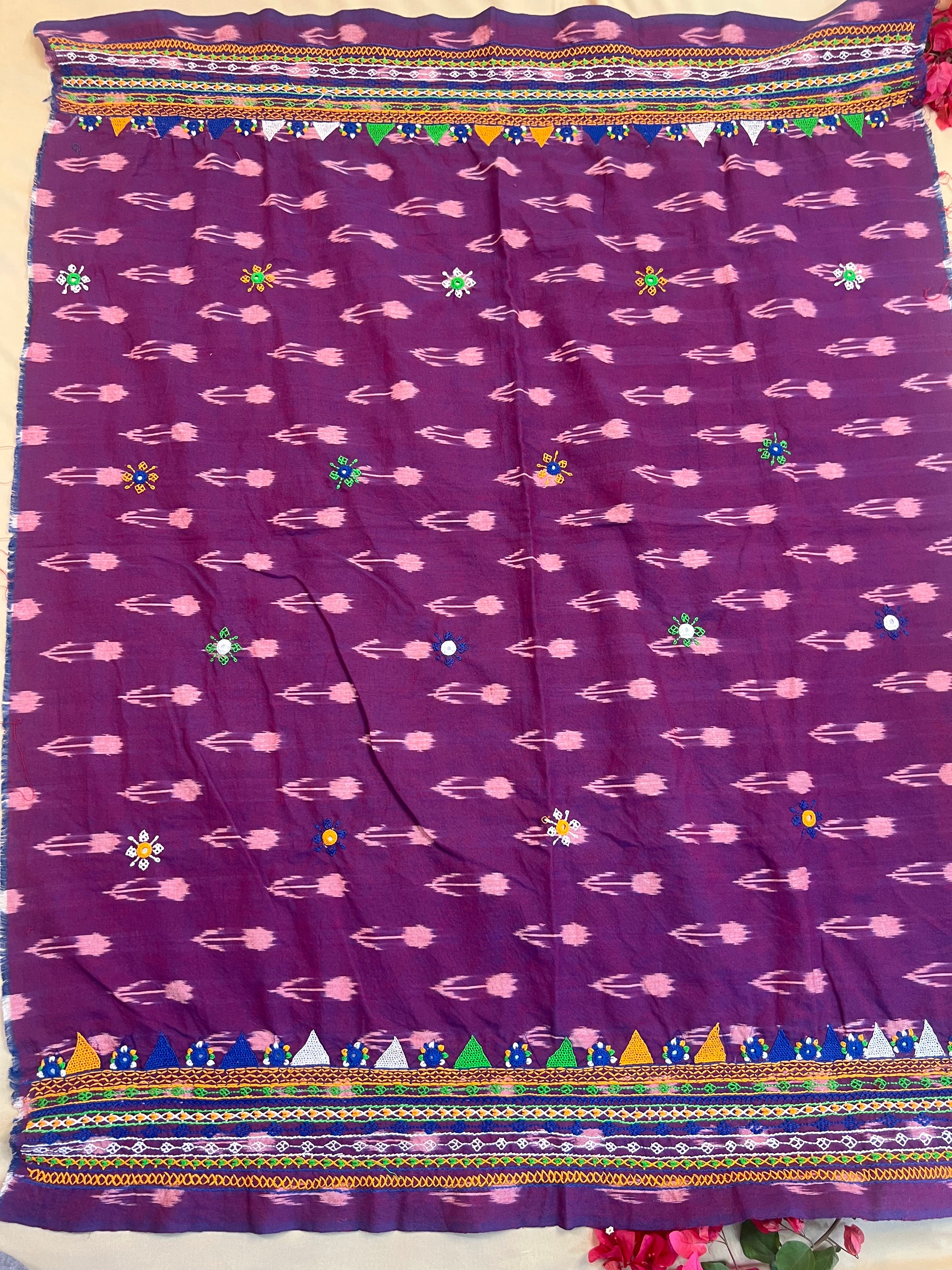Deep Purple Hand Embroidered Lambani Work Ikat Cotton Blouse Piece