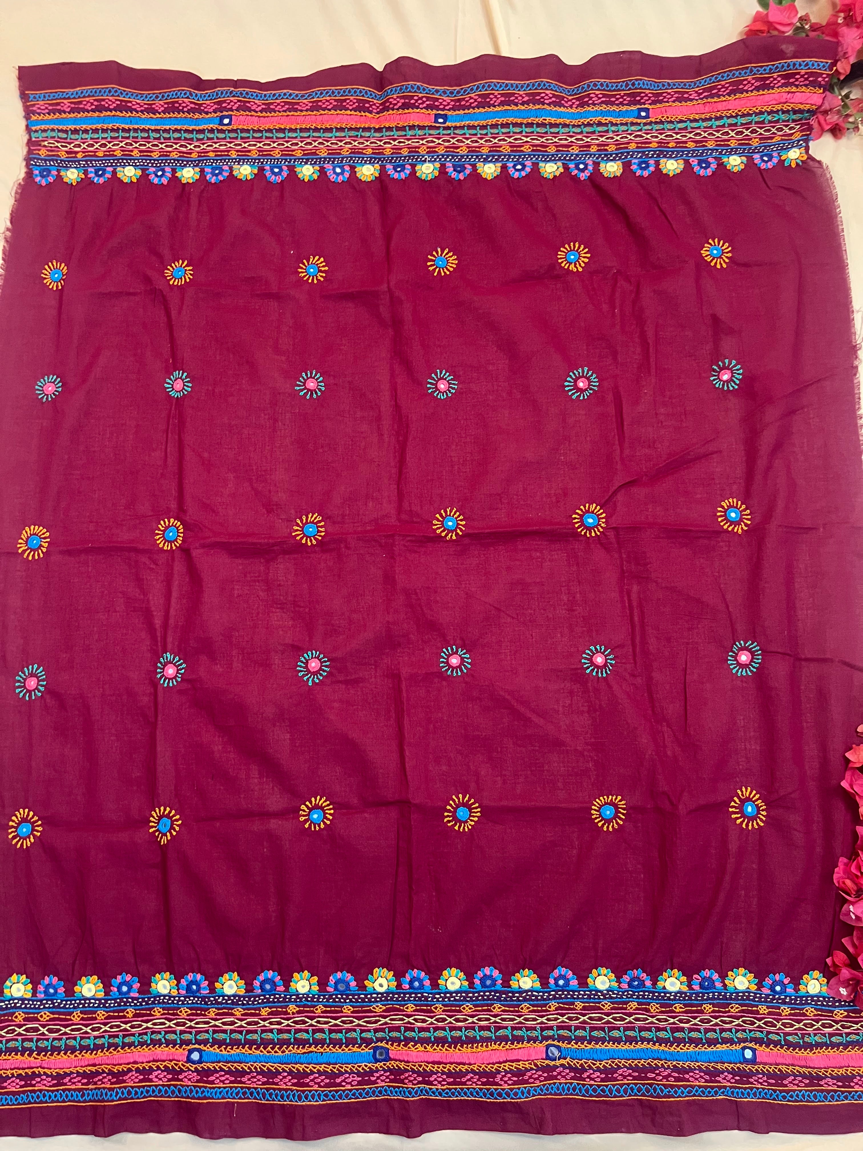 Maroon Hand Embroidered Lambani Work Ikat Cotton Blouse Piece