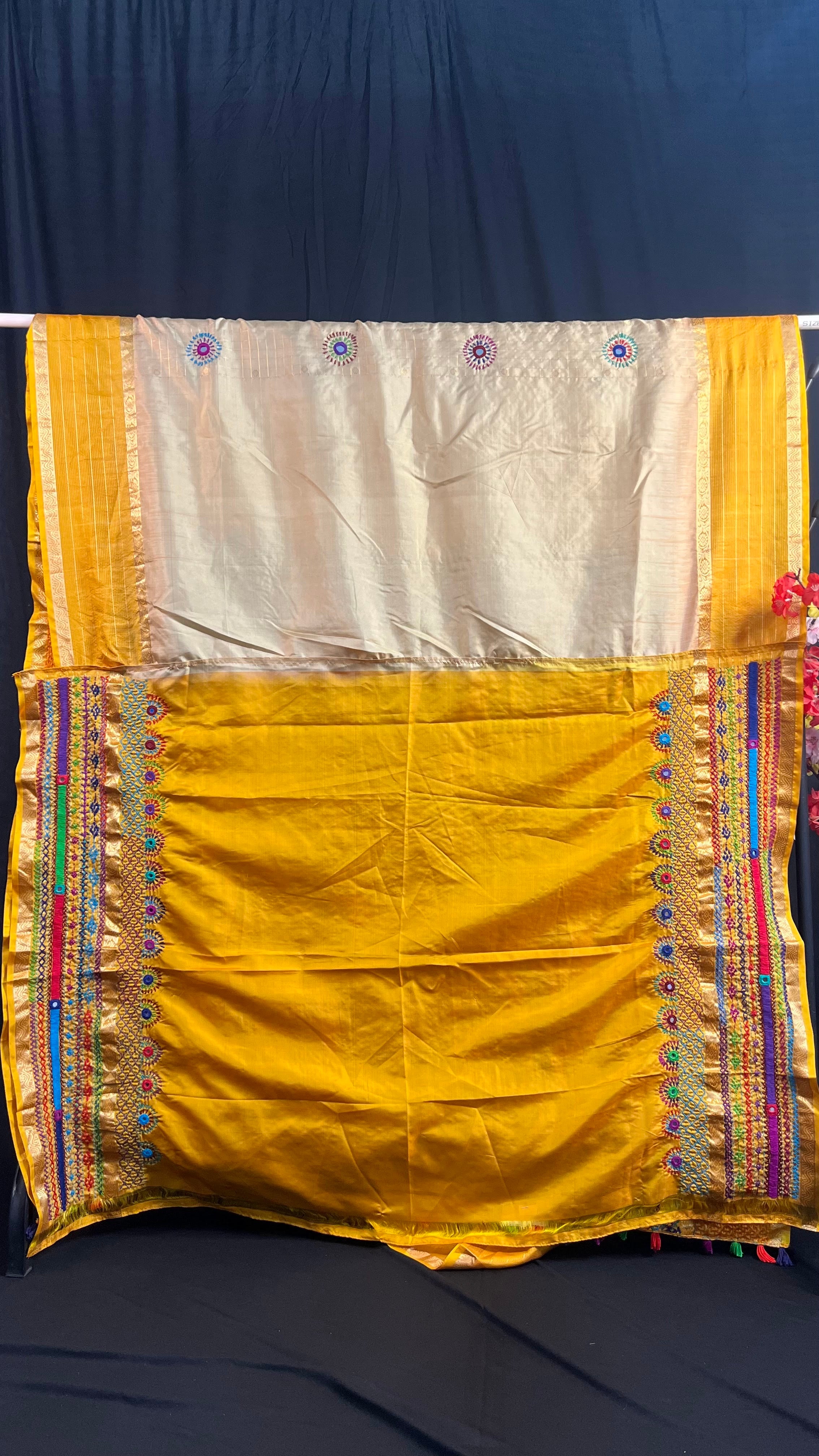 Ivory Cream & Mustard Gold with Multicolor Embroidered Pallu Molakalmuru Silk Lambani Saree