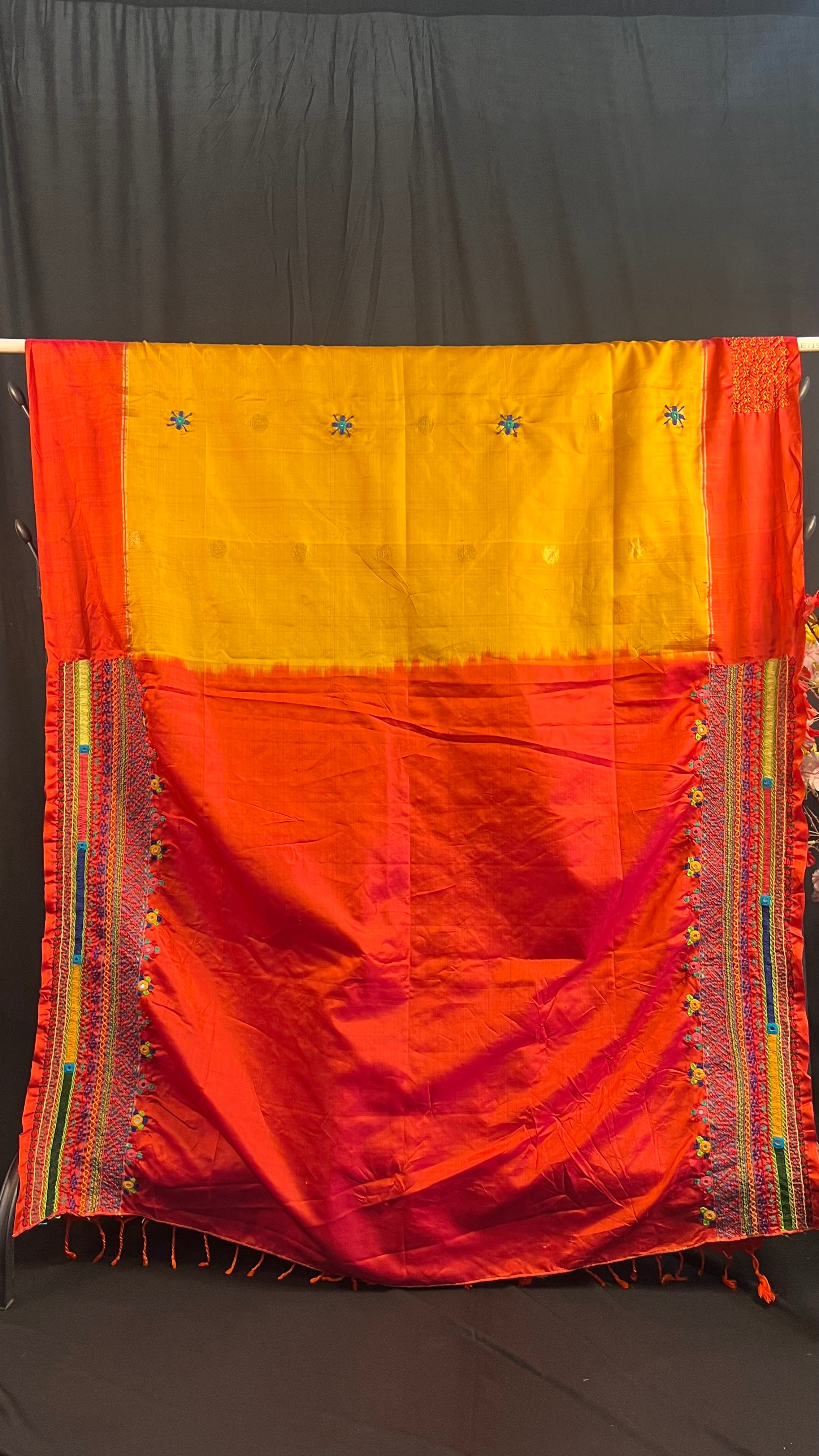 Mustard Yellow & Burnt Orange Embroidered Saree Molakalmuru Silk Lambani Saree