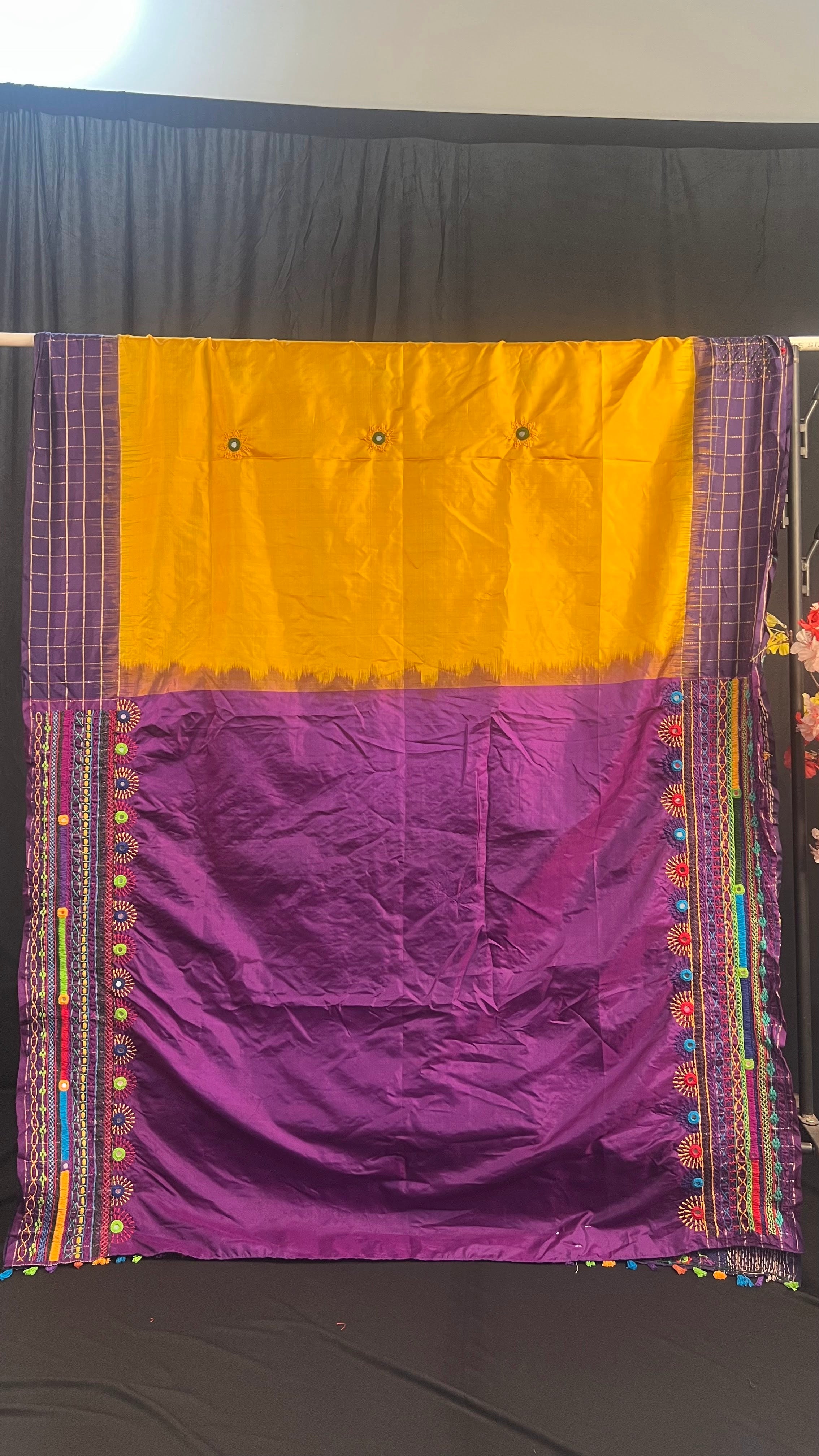 Mustard Yellow & Royal Purple Heavy Embroidered Saree Molakalmuru Silk Lambani Saree