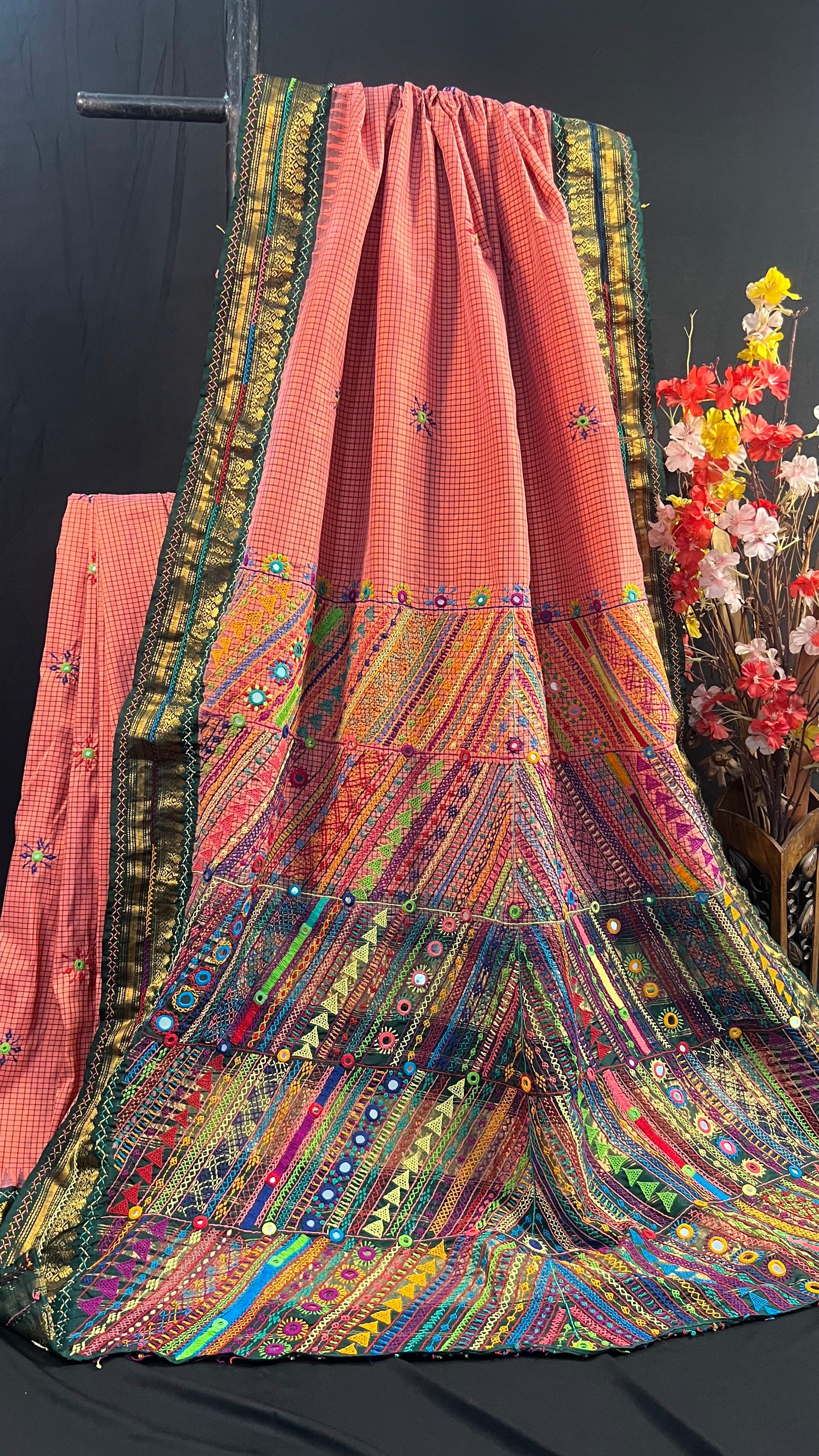 Peach Pink & Deep Green Heavy Embroidered Saree Molakalmuru Silk Lambani Saree