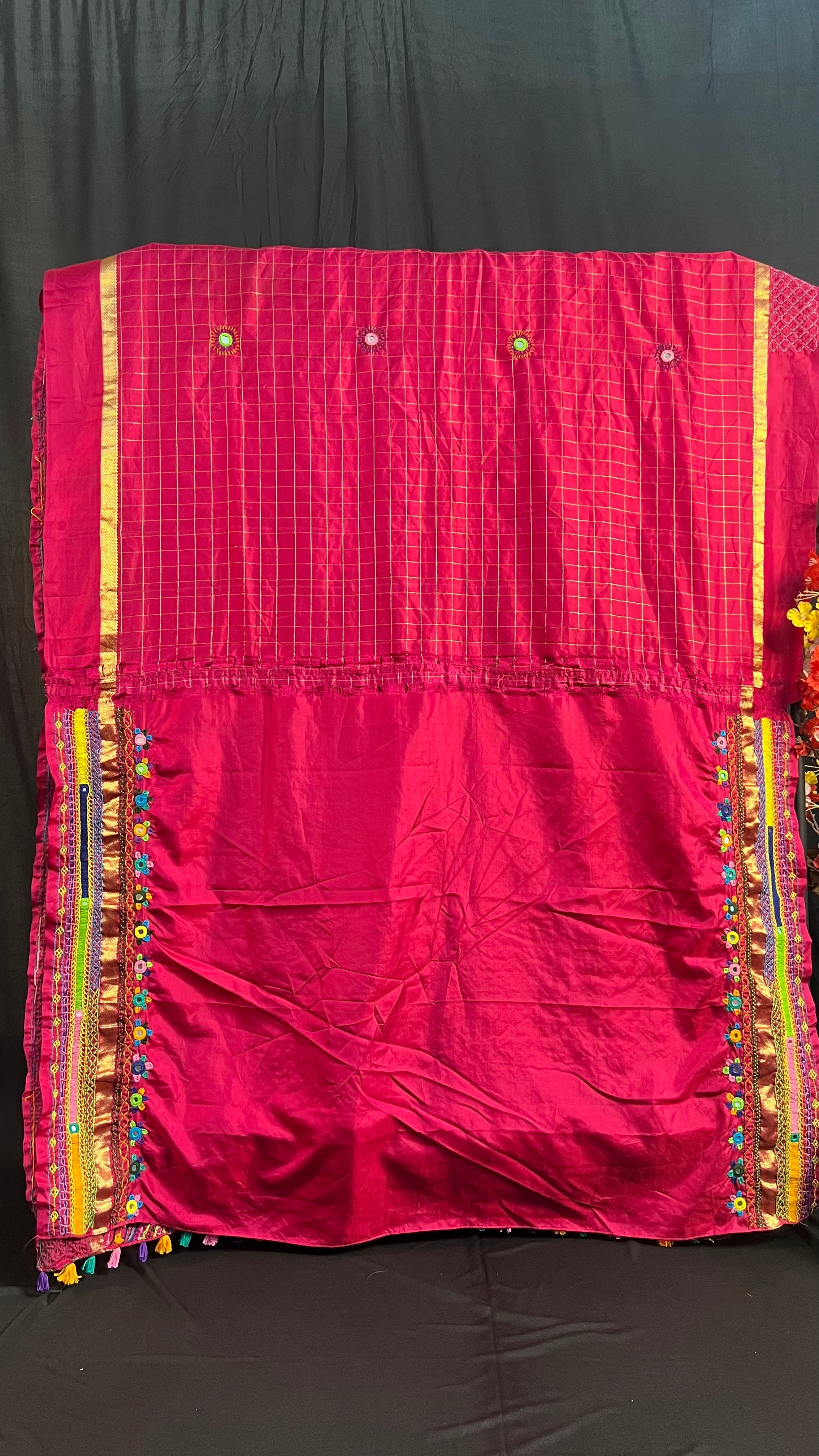 Rani Pink with Multicolor Embroidered Pallu Molakalmuru Silk Lambani Saree