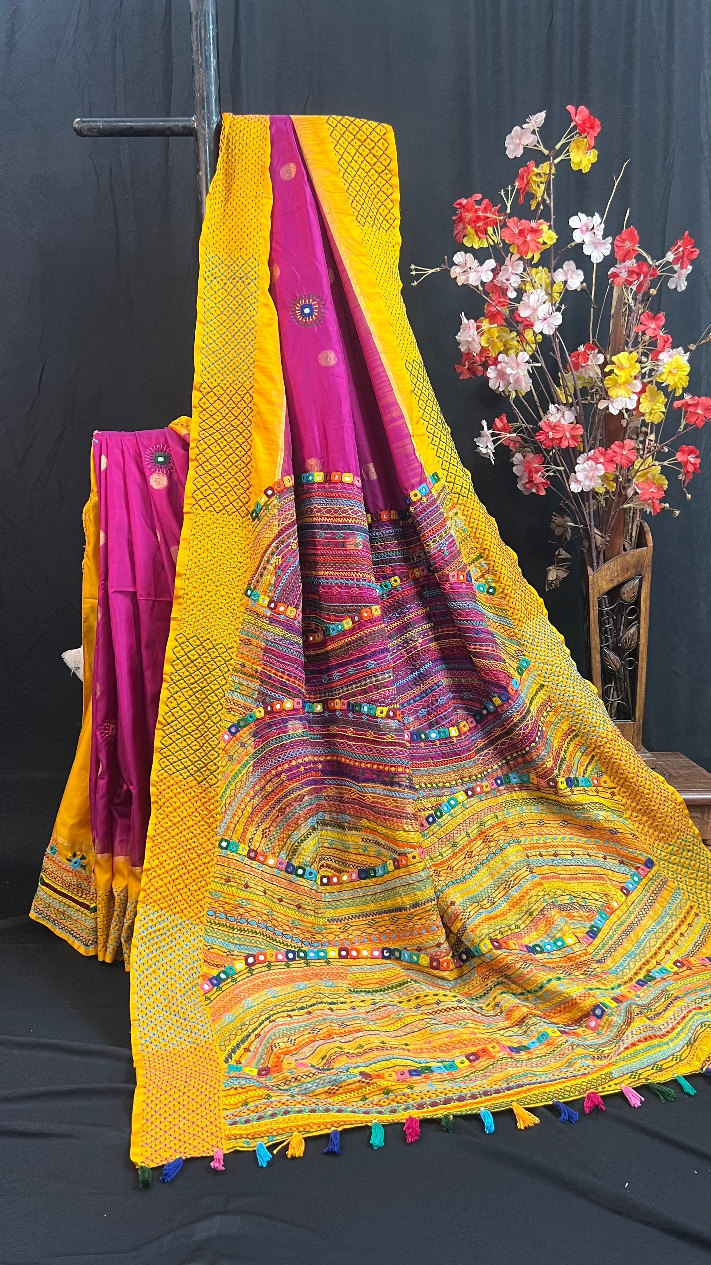 Royal Magenta & Mustard Yellow Molakalmuru Silk Lambani Saree