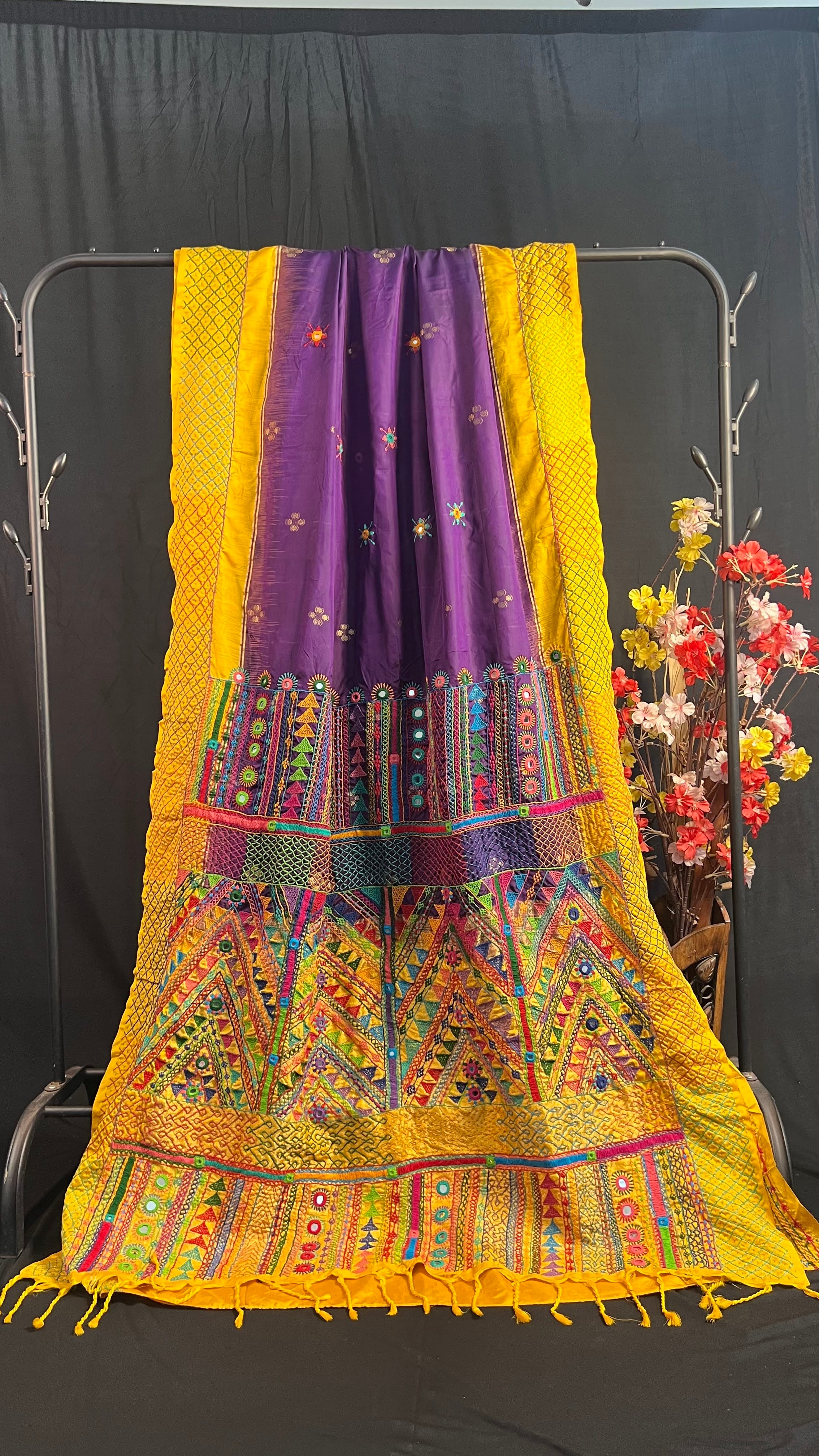 Royal Purple & Mustard Yellow Embroidered Saree Molakalmuru Silk Lambani Saree