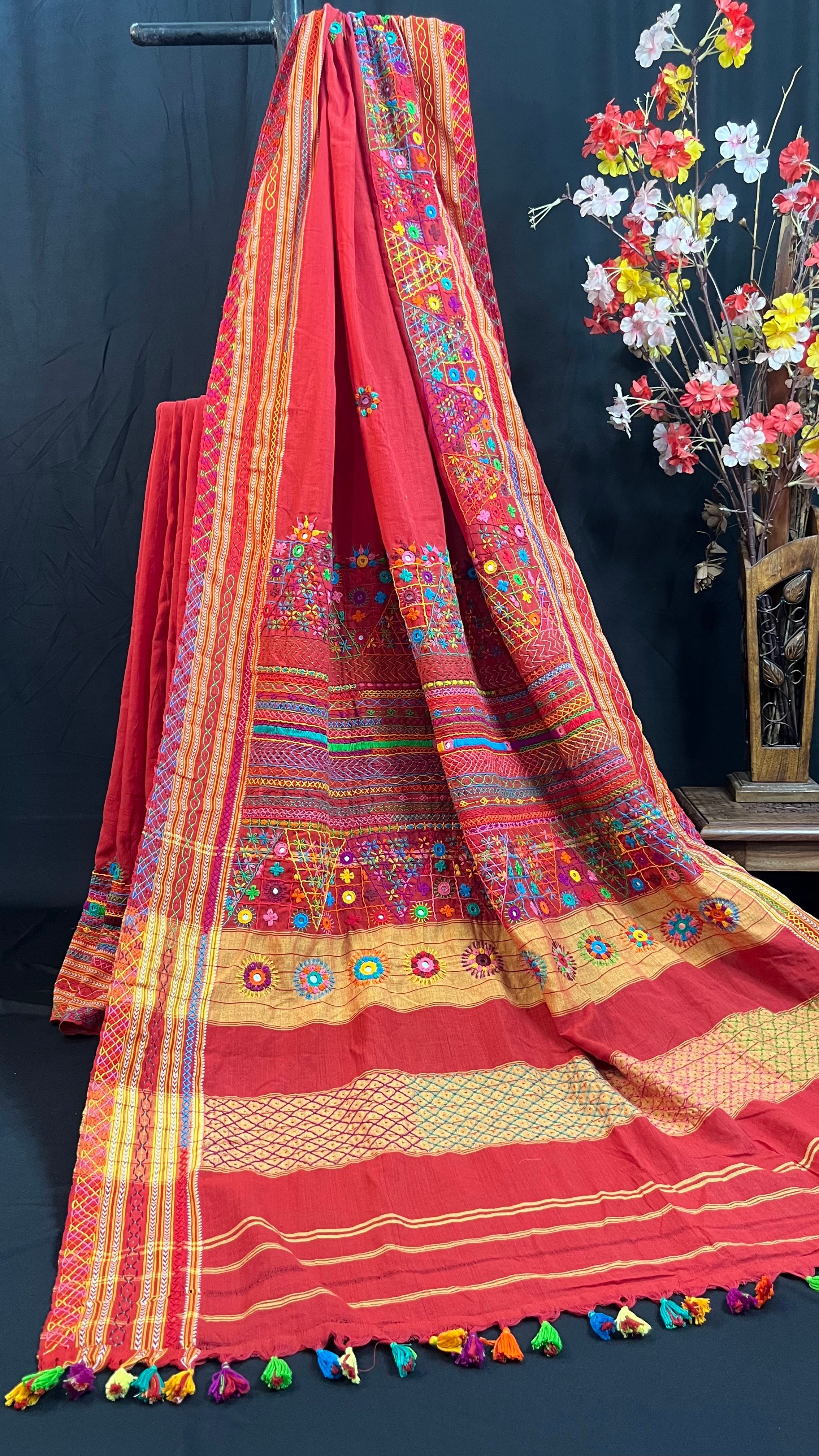 Rustic Maroon with Multicolor Hand Embroidered Border Ilkal Cotton Lambani Saree