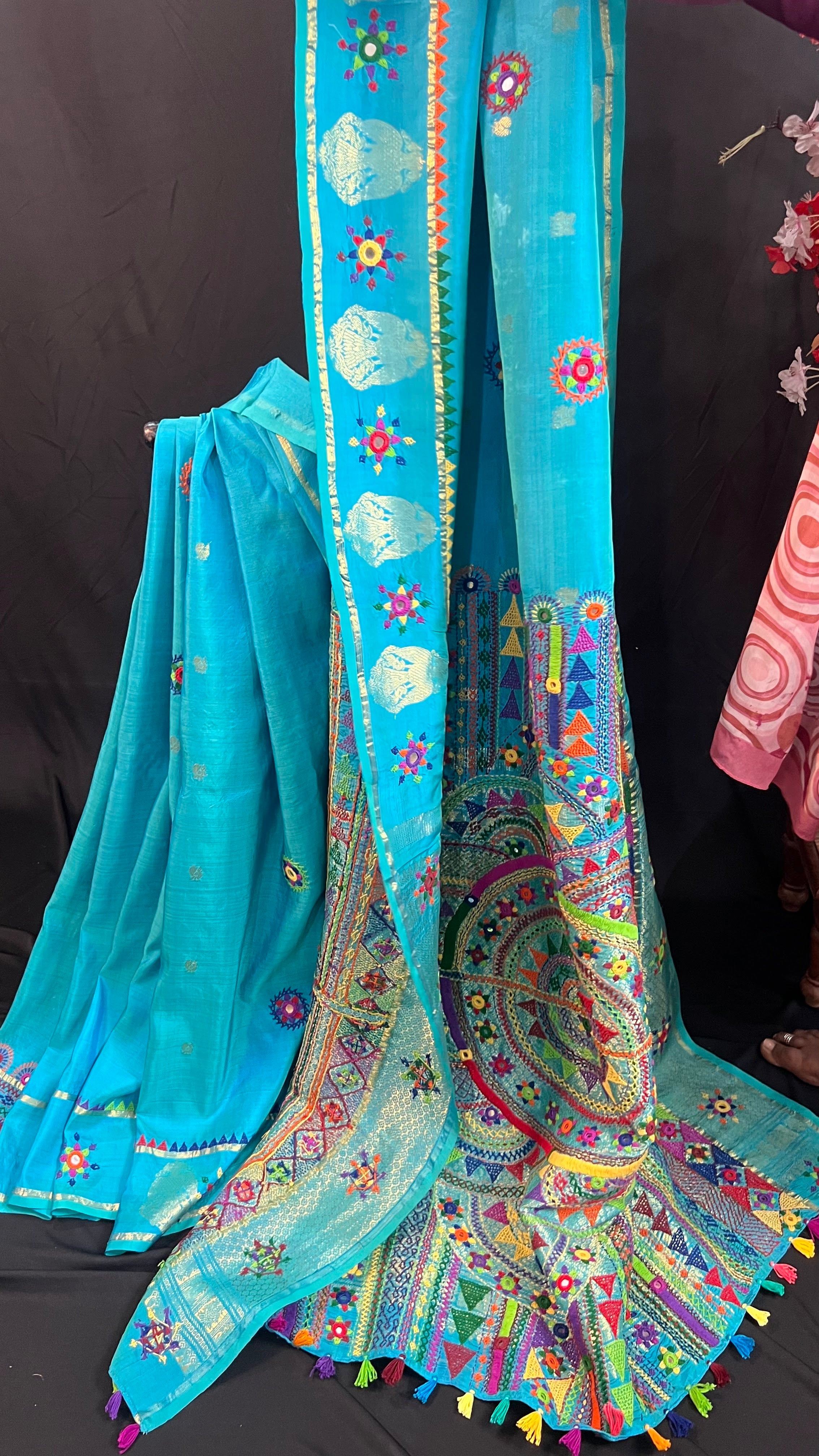 Sky Blue with Multicolor Embroidered Pallu Molakalmuru Silk Lambani Saree