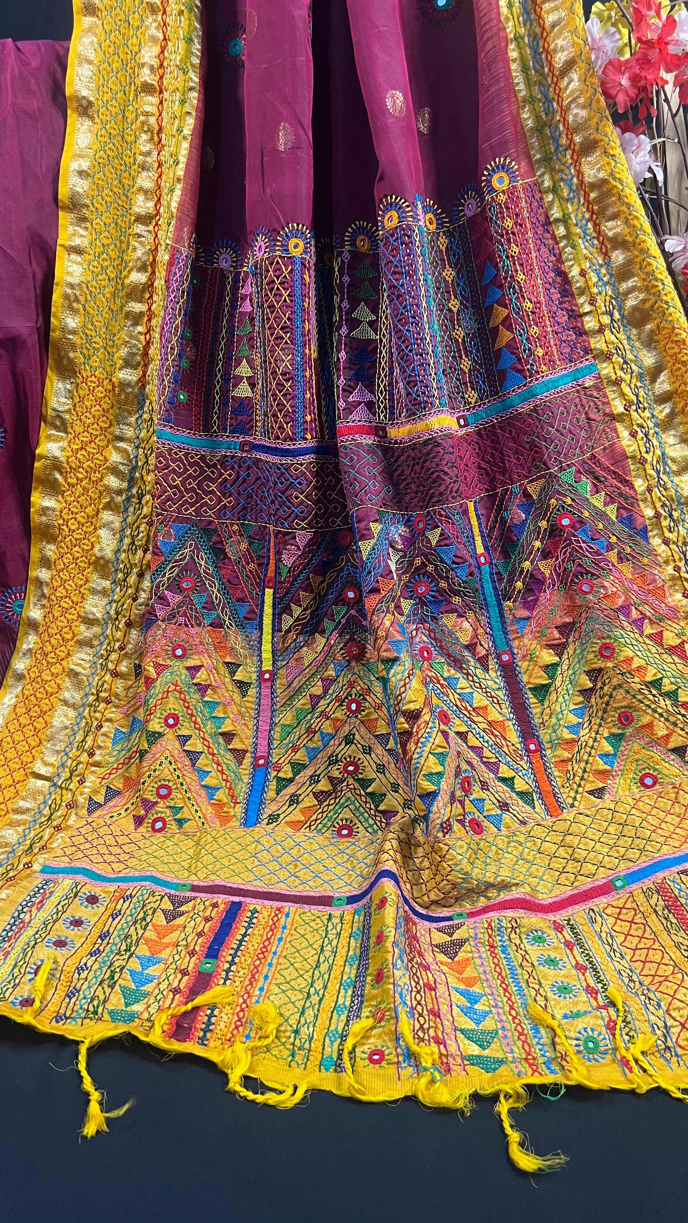 Wine Purple & Mustard Yellow Embroidered Saree Molakalmuru Silk Lambani Saree