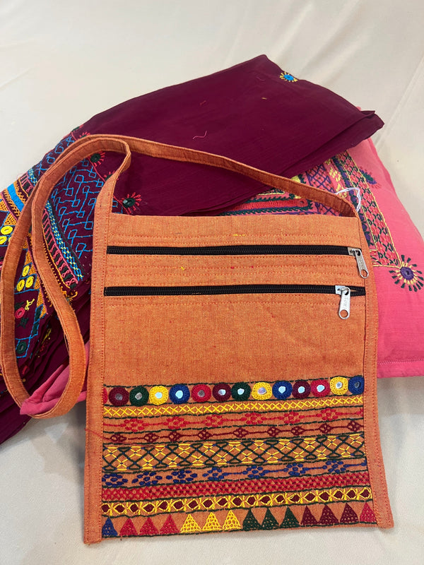 Orange Handloom Cotton Sling Bag with Lambani Embroidery